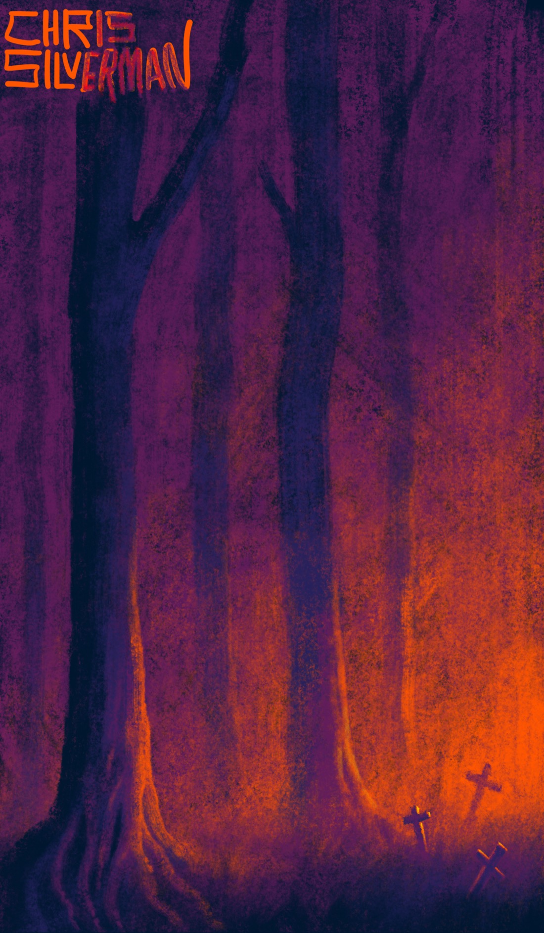 A dark, purple forest with straight, looming tree trunks. On the left, the trunk closest to the viewer has a complex network of roots spreading into the ground. Farther away trees are dimmed by fog. On the right, an eerie orange glow of afternoon sunlight filters through the trees. Illuminated by the sunlight is a small cemetery of several crooked crosses. The painting is signed "Chris Silverman".