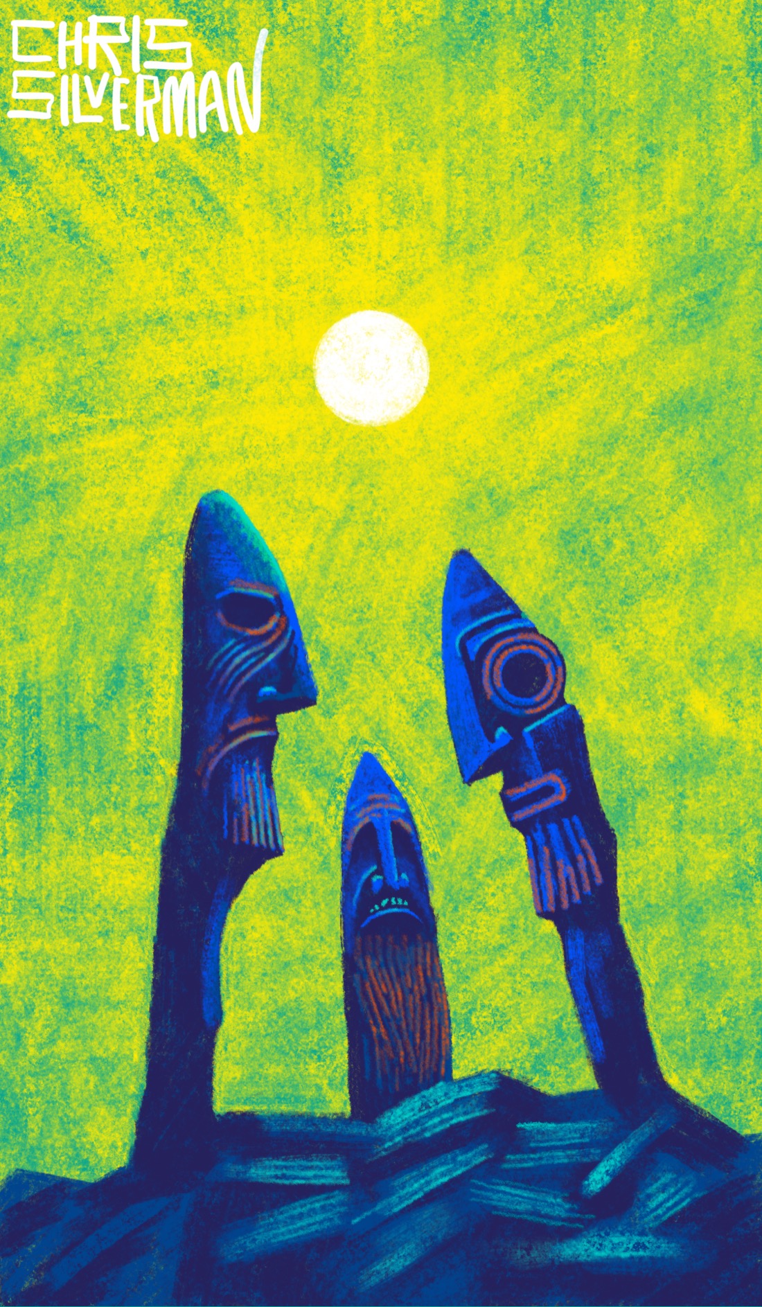 A rocky surface sits under a blazing white sun in a yellow-green sky. Sticking up from the surface are three tall, blue, pole-like figures, planted in the rock. The figures look like carved tree trunks. Two have craggy, Viking-esque faces and long beards. The third, on the right, has a more abstract, minimalist face, more like a modern sculpture. All three of them have reddish coloring on their faces and beards, like faded red paint. They lean slightly towards each other, as though conversing. The painting is signed "Chris Silverman".
