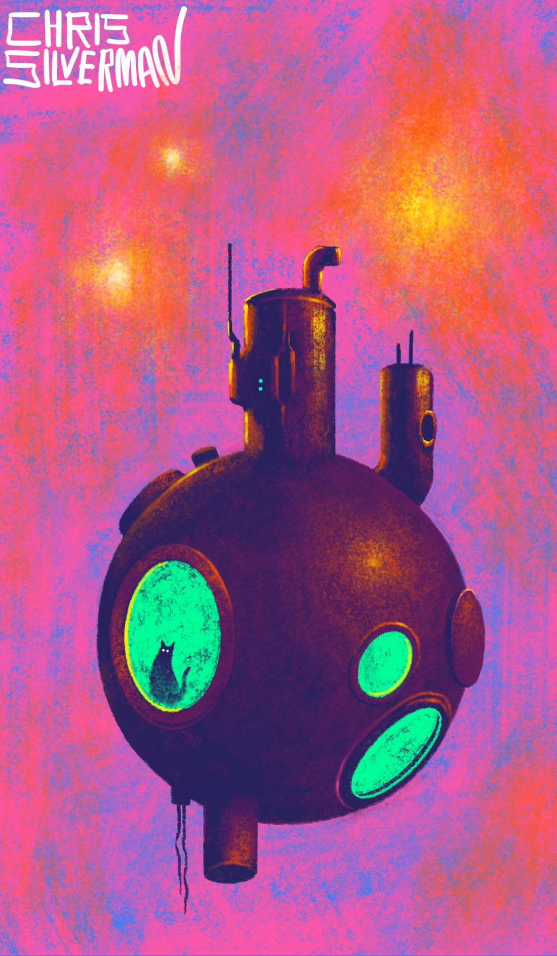 An odd, spherical, metal machine that looks sort of like a submersible hovers in a purple-pink space. The machine is a dull, dark, brassy color, with several pipe-like towers, protuberances, and antennae extending off of it. It has three round windows of varying sizes placed at haphazard locations. All of them reveal a glowing green interior. In one of them sits a cat. In the sky behind the machine are three blazing white-yellow objects that look like celestial bodies. The painting is signed “Chris Silverman”.