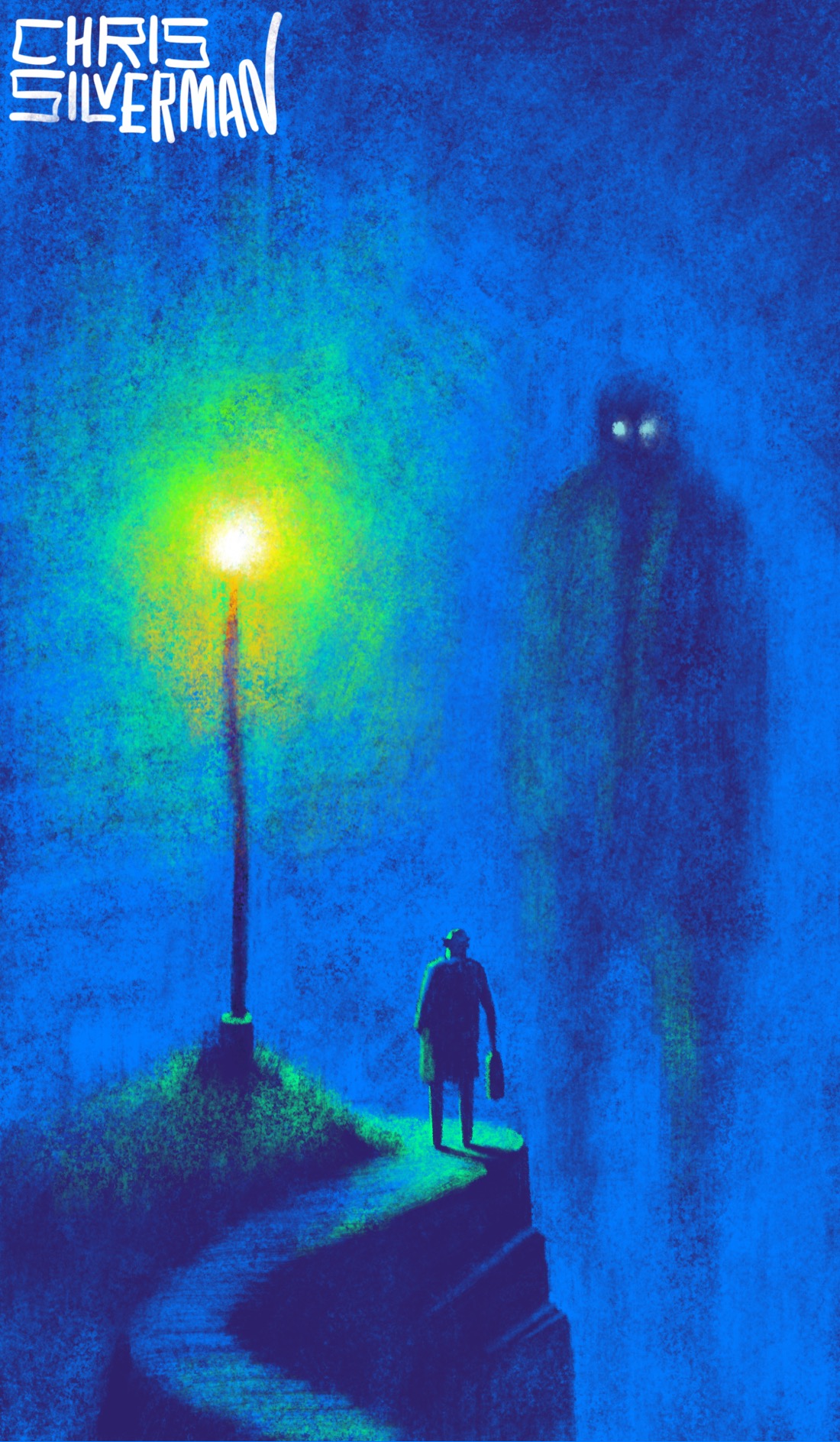 A briefcase-carrying person wearing a hat and coat walks along a quiet park path on a calm blue night, illuminated by the soft yellow-green glow of a nearby streetlamp. The scene is peaceful and serene—or would be, if it weren't for the fact that the rightmost edge of the path ends in oblivion, the ground dropping away to nothingness revealing a sheer cliff. Looming out of the blue fog ahead is a vast, dark figure the size of an apartment building. While blurry, the figure seems to be wearing a coat and has two pale, glowing eyes. The painting is signed "Chris Silverman".