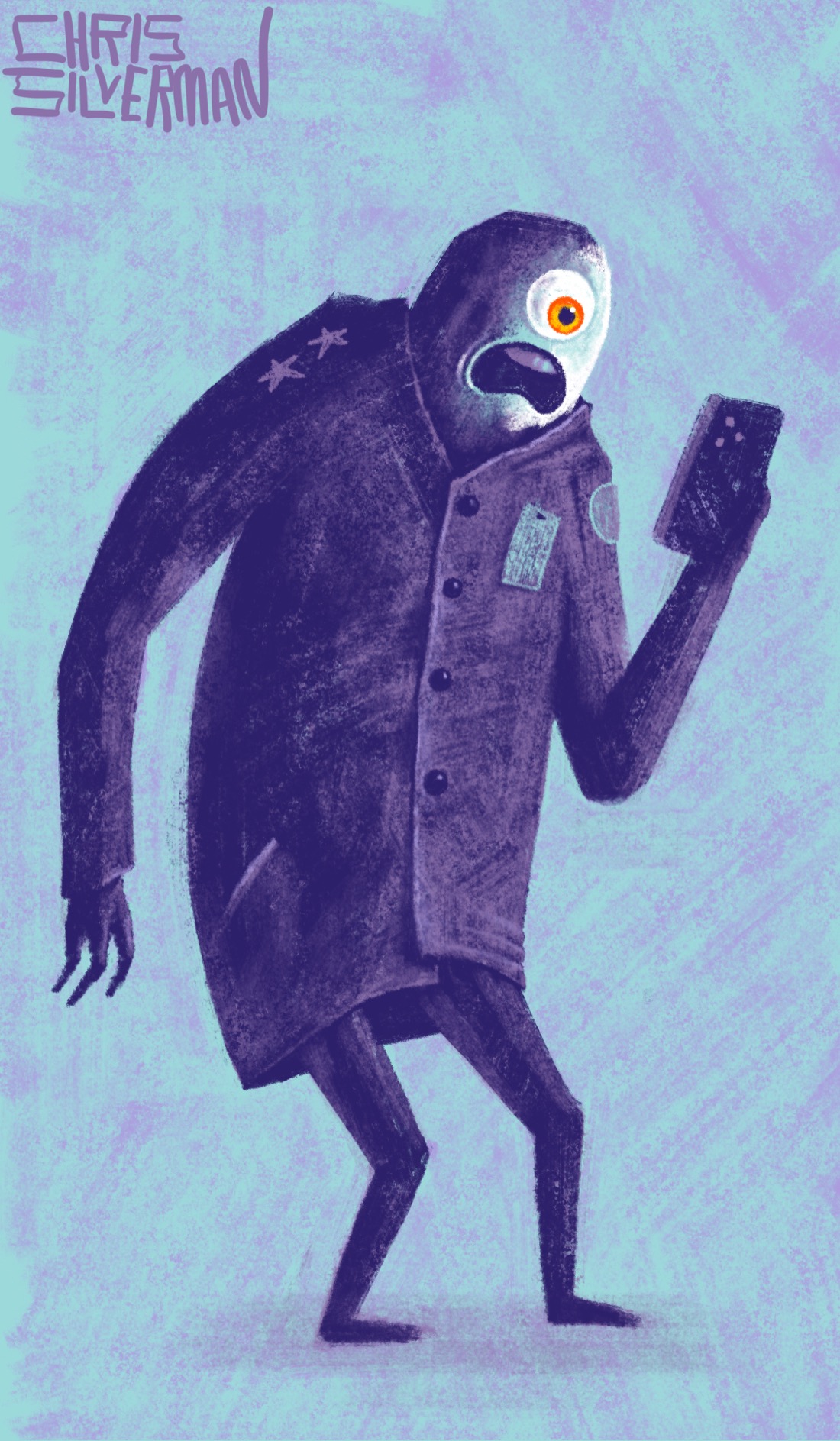 A tall figure wearing a dark purple overcoat grips a phone in its hand, staring in horror and appearing to stagger back from the screen. The figure is awkwardly proportioned, with strangely small legs and a very tall and massive upper body that give the impression of two people in the coat. The coat has two military-style stars on one shoulder, a round blue patch on the other, and an ID card pinned to the breast. The figure's head is round, with one eye and no nose, like a worm or some bizarre fish. Its eye is red. The painting is signed "Chris Silverman".