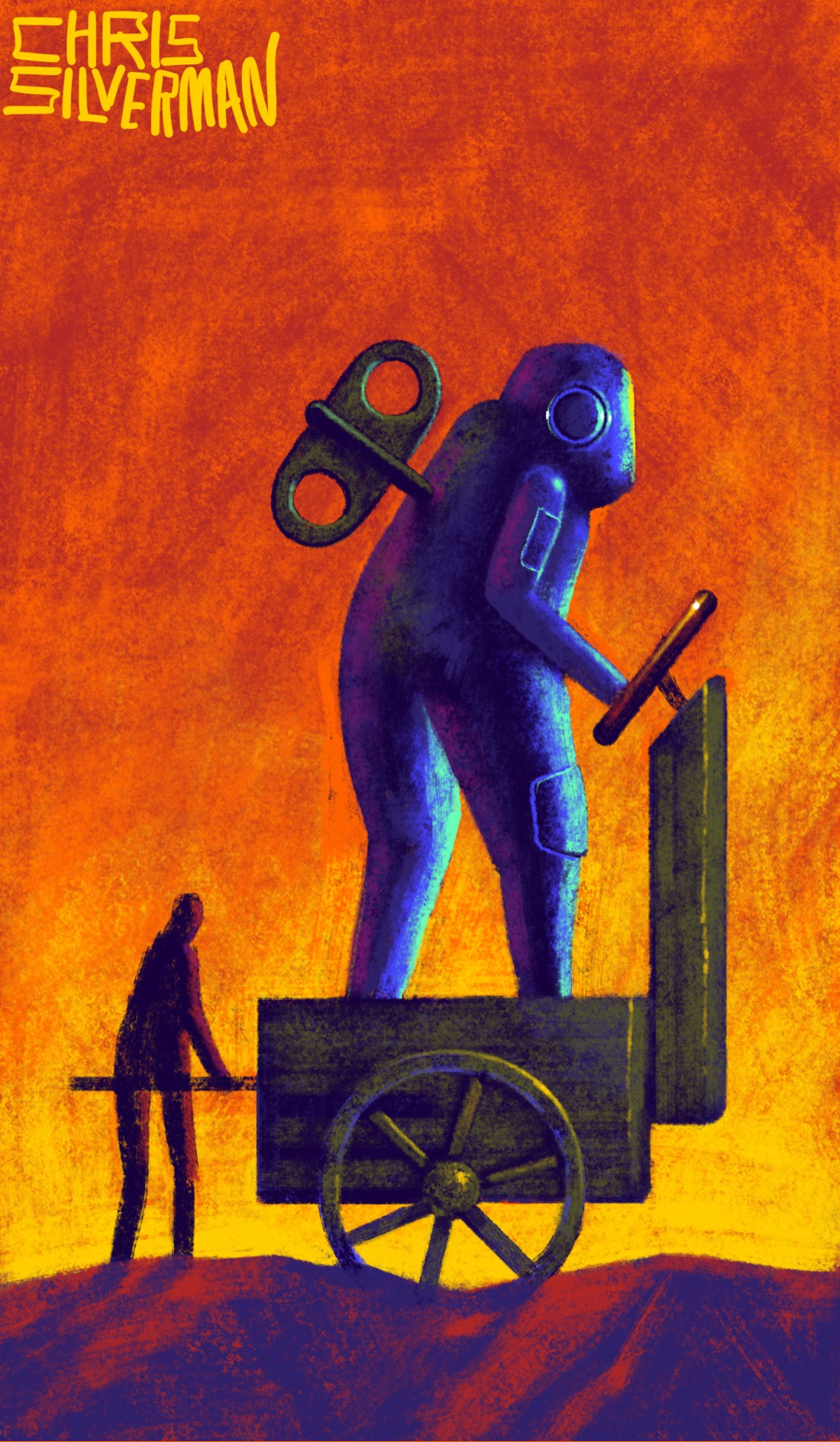 A person pushes a large, wooden, brownish two-wheeled cart over barren bluish-red ground. Standing in the cart is a giant blue robot with a dark brass metal clock key sticking out of its back. The robot is holding a metal steering wheel attached to a steering column. The sky is red-brown, turning yellow towards the horizon. The painting is signed "Chris Silverman".