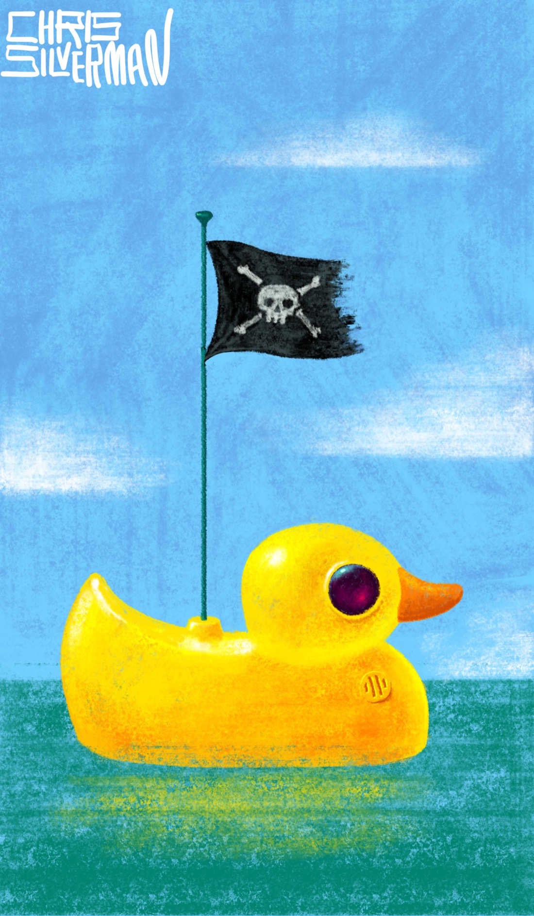 A bright yellow rubber duck floats in the calm blue-green expanse of the open ocean, under a mostly clear blue sky. On closer inspection, though, the duck has some sinister details: a round, glassy, reddish eye that looks distinctly technological; a small vent; and, most notably, a radio antenna sticking up out of its back. Fixed to the antenna is a slightly ragged black pirate flag with a skull and crossbones on it. The painting is signed "Chris Silverman". Happy January 13.
