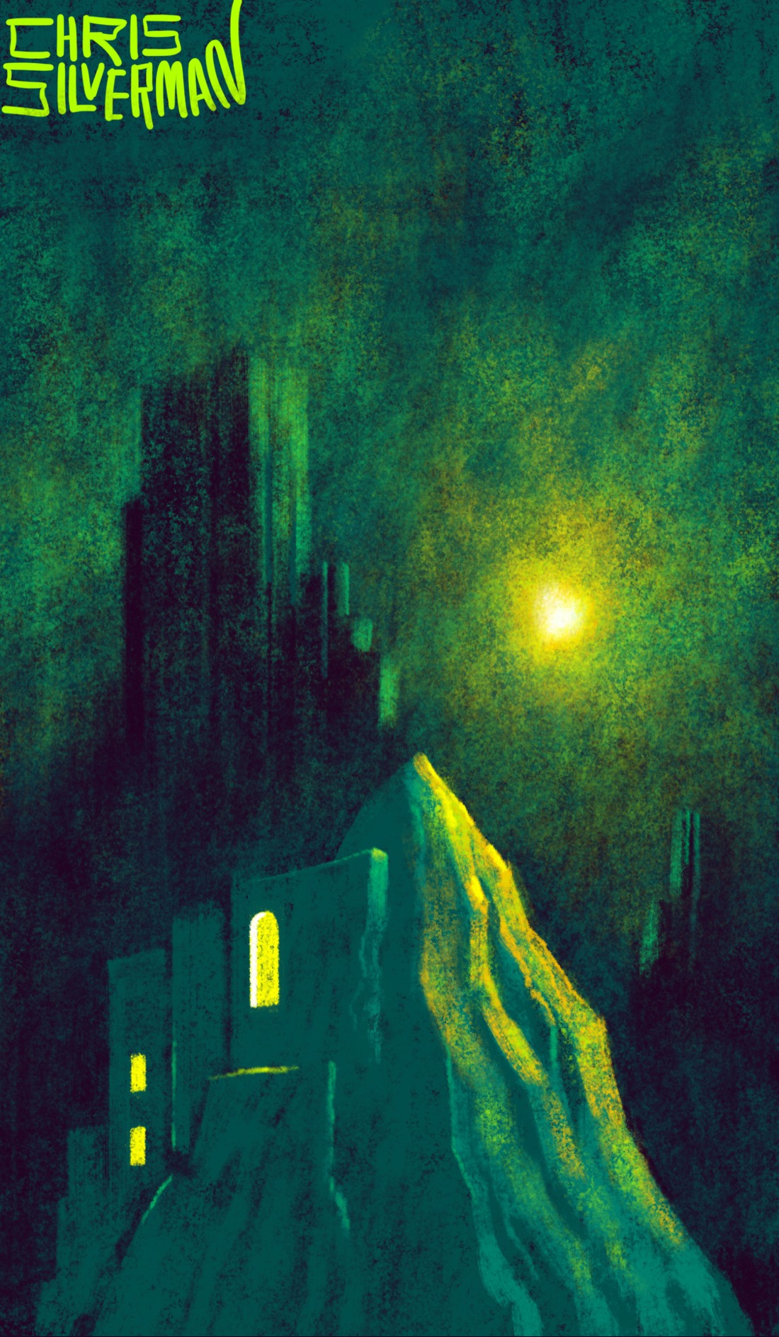 An eerie green world: a dark sky, heavy with fog, punctuated by one blazing light that does not entirely look like a celestial body. Looming up in the background are dark silhouettes that could either be skyscrapers or towers of rock. In the foreground is a smaller, lighter, conical mountain, green like everything else. Its right edge reflects yellow light from the glowing orb above it. Carved out of the side of the mountain are rough blocky shapes that suggest buildings. They have a few glowing yellow windows in them. The painting is signed "Chris Silverman".
