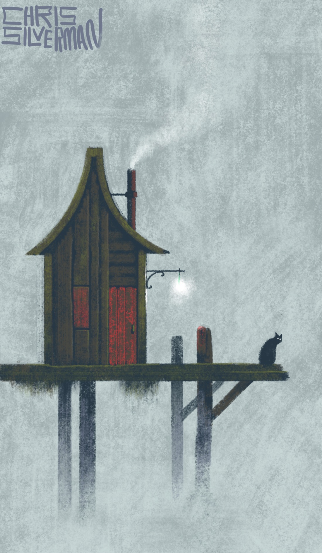 A small, tall but narrow wooden house sits at the end of a pier. The house is brown, about two stories, with a tall pointed roof, a red door, and a window with a red shutter. It has a weathered look to it. It's a gray day, with fog all around. The pilings holding up the pier disappear into the fog. Moss hangs from the underside of the pier. The house has a tall pipelike chimney with white smoke coming out of it. On the right side of the house is a glowing white light hanging from a bar. Sitting at the very end of the pier, looking out over the unseen water, is a black cat. The painting is signed "Chris Silverman".
