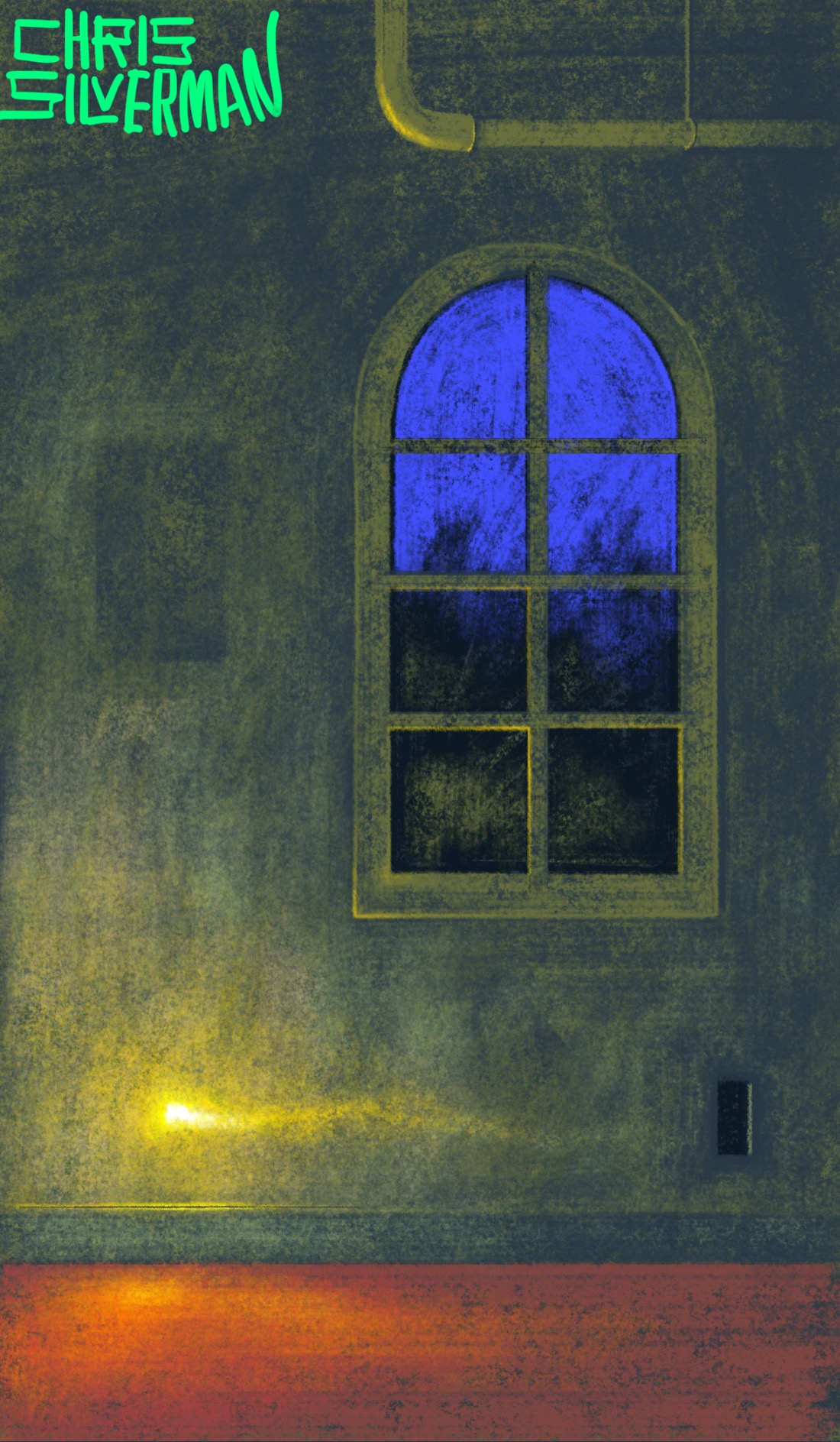 A hall that may or may not be empty and unlit. The initial appearance is abandoned: a bare, dismal plaster wall with a hole where an electrical outlet once was and a fading rectangle where a picture once hung. Also on the wall is a large arched window, revealing a deep indigo night sky. A pipe hangs from the ceiling, while the floor is covered by a dull reddish-orange carpet. Hovering above the floor is a glowing yellow orb, leaving a trail of yellow light behind it. The painting is signed "Chris Silverman".