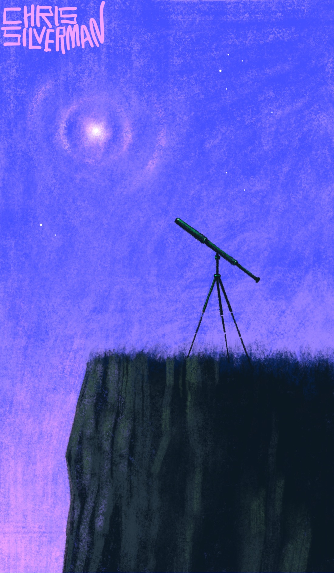A craggy cliff under a bluish-pink sky that could be either dawn or dusk. A few sparse stars are scattered across the sky. Mounted on the cliff top is a telescope, with no one near it. It is pointed at the one thing in the sky that any observer would want a closer look at: a glowing white object ringed with pink ripples. The painting is signed "Chris Silverman".