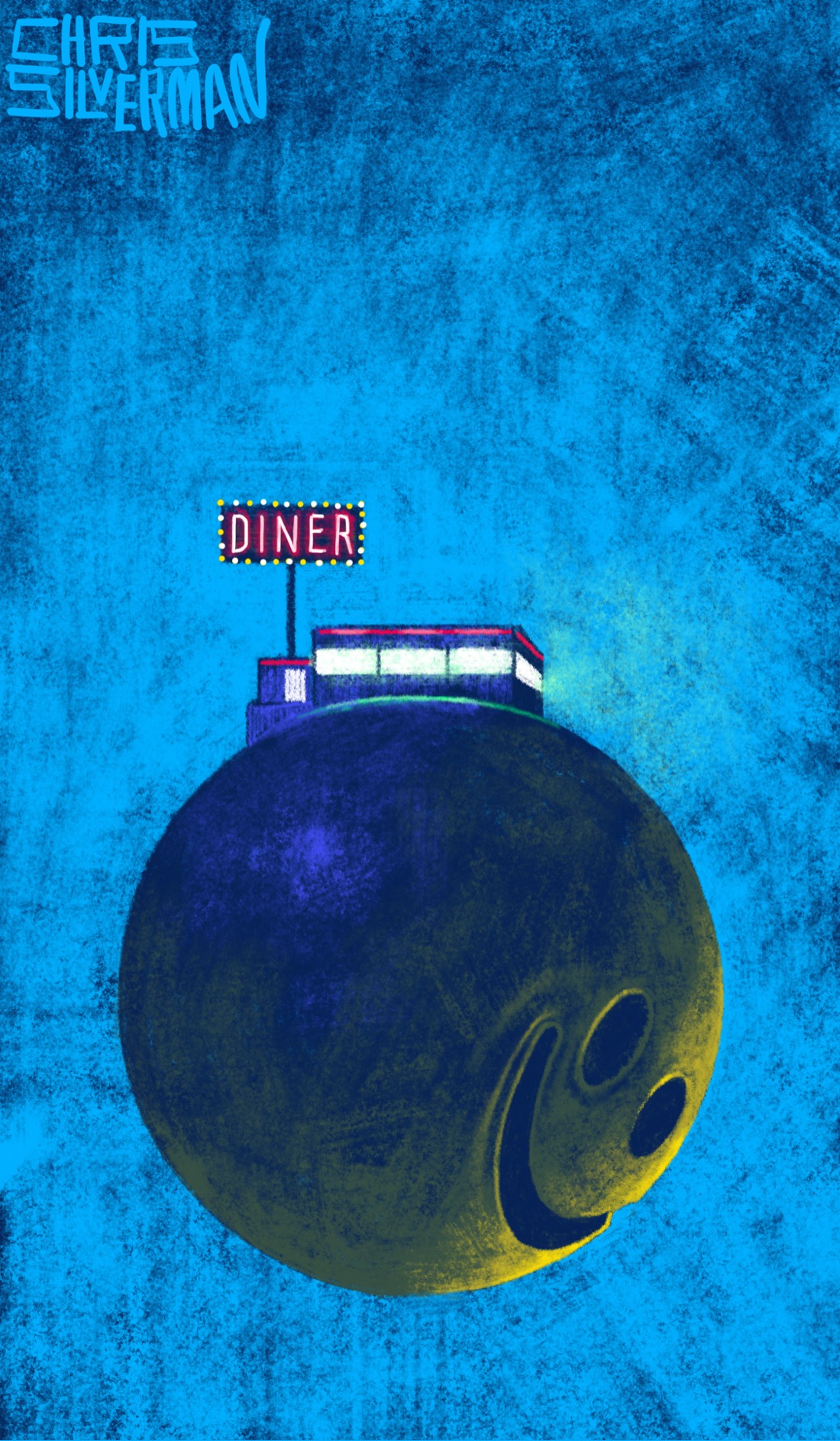 A dark, slightly tarnished sphere hangs in a blue vacuum. On the yellowish underside of the sphere is carved a simple smiley-face smile and eyes. The underside has a tinge of yellow light to it. Sitting on top of the sphere is a small, blocky building with large windows glowing white, and a red neon border around the roof. Sticking up from it is a large sign that says "DINER" in pink neon lettering, bordered by white and yellow bulbs. The painting is signed "Chris Silverman".
