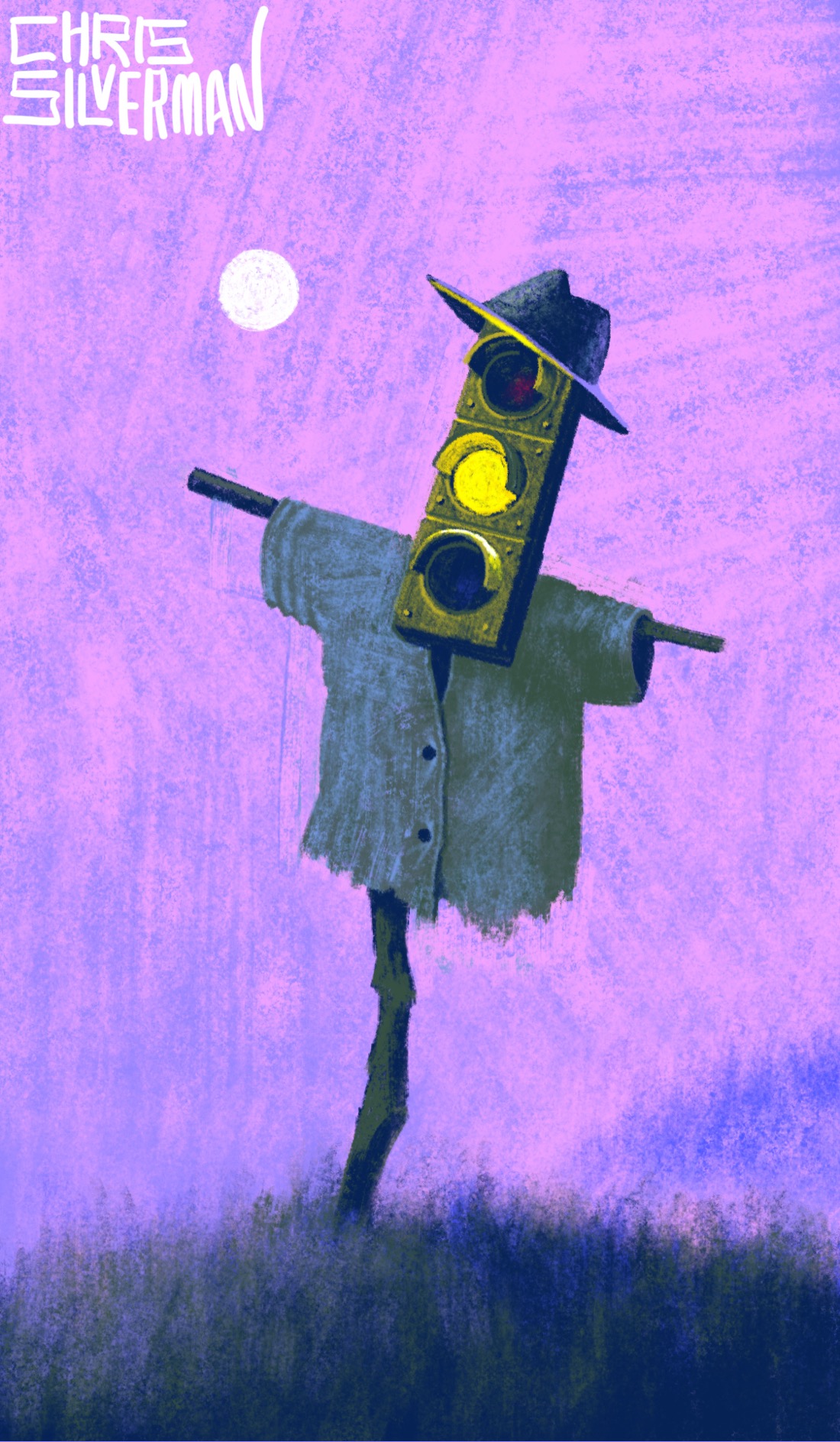 A scarecrow stands in a desolate field at dusk, the moon high in a pink-purple sky. The scarecrow has a dull-colored tattered shirt, a dark brimmed hat, and a traffic signal for a head. The yellow light is lit. In the distance is a dim purple mountain. The painting is signed "Chris Silverman".