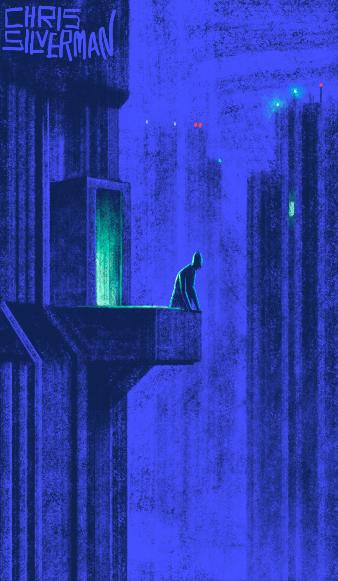 A deep blue city night. Someone stands on a balcony, looking out at a starless sky, illuminated only by an eerie green glow from the door behind them. The building design suggests some alien brutalist architecture: heavy vertical lines, heavy walls, concrete everywhere. In the background loom similar buildings, all of them dark and uninhabited except for one small greenish glowing window. The buildings have small red and pale green glowing lights on top. The painting is signed "Chris Silverman".