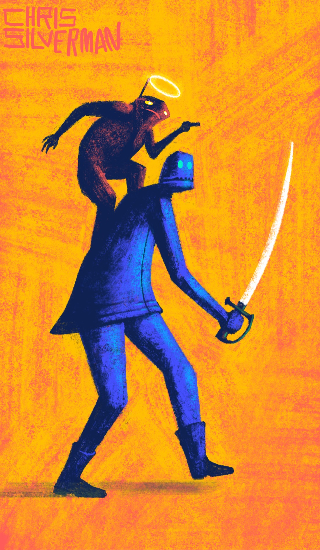 A tall, blue figure wearing something that looks vaguely like a uniform stumbles forward awkwardly, brandishing a long sword. The figure wears boots and has the head of a robot, with a flat mouth and staring blue eyes. Perched on its back, one finger pointed forward, is a short, red, demonic-looking creature with a conspicuously fake white halo fixed to its head. The background is a bright yellowish-red. The painting is signed "Chris Silverman".