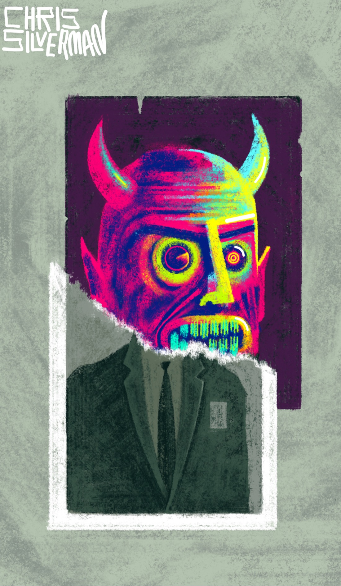 Two images on a dull gray surface. One is a greenish monochrome photograph of a person wearing a suit and tie. The person is also wearing a badge, although the badge is too small to show any specific content. The top of the photograph is torn off, so the person's head is missing. Beneath the photo, like an underlying sheet of paper, is another image: a garishly colored depiction of a snarling demonic face with horns, pointed ears, and bulging eyes. The face is mostly crimson on a dark purple background, with highlights in yellow and neon greens and blues. The edges of this image are slightly tattered. The painting is signed "Chris Silverman".