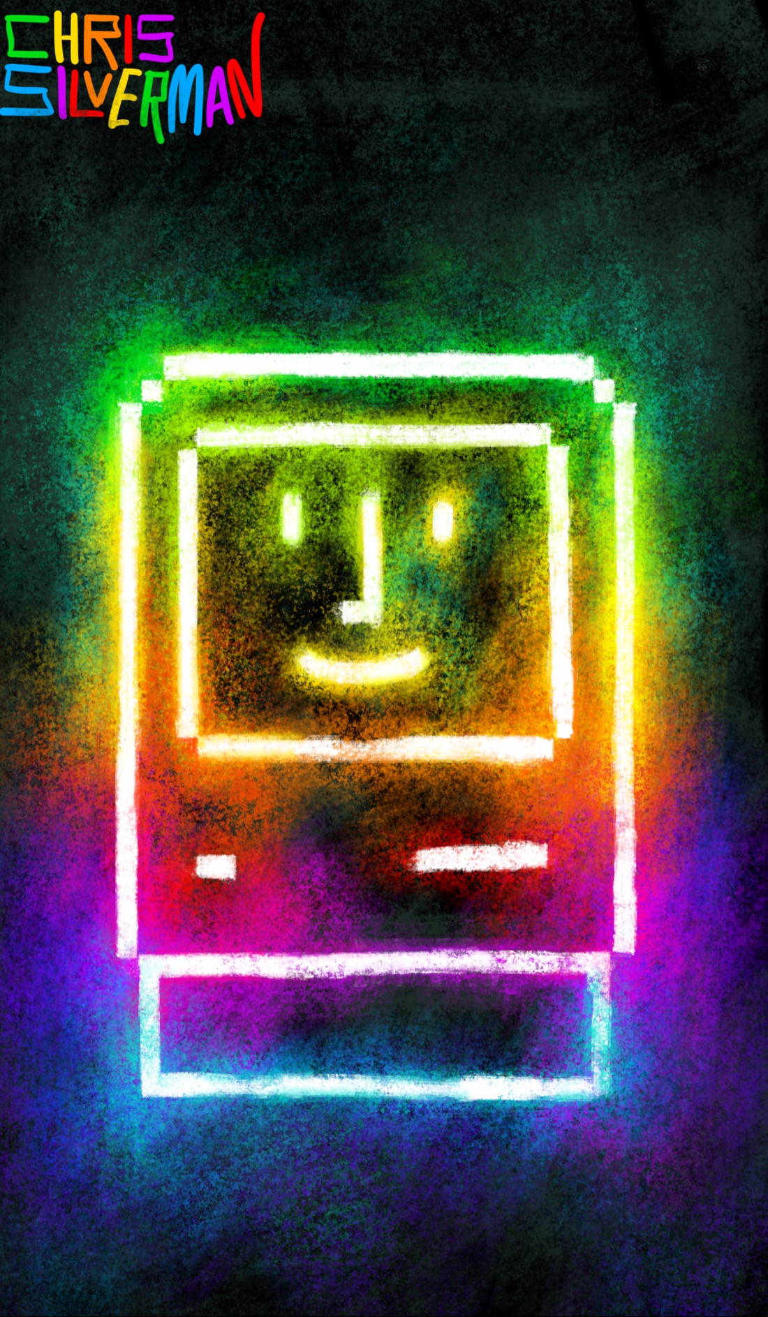 A pixelated icon of a small computer: an all-in-one model with both a screen and a disk drive. The screen has a smiling face on it. This, of course, is Susan Kare's Happy Mac: the first thing you'd see after turning on your Mac in the 80s or 90s (well, second thing, if your machine didn't have a hard drive). The icon is white pixels on a black background. The pixels glow with a neon blaze of rainbow colors: the six colors of the classic Apple logo. The painting is signed "Chris Silverman". Thanks for everything, Mac team.