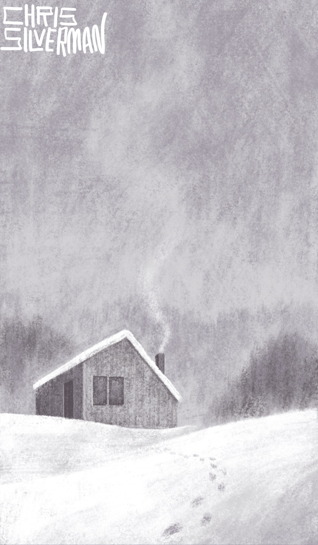 A snowy landscape; a colorless world of different grays. Footprints in the snow lead towards a small cabin in the immediate distance. The roof of the cabin is covered with thick snow. Smoke is coming out of the cabin's chimney. The cabin is surrounded by woods. A very dim, foggy treeline is visible behind the cabin. The painting is signed "Chris Silverman".
