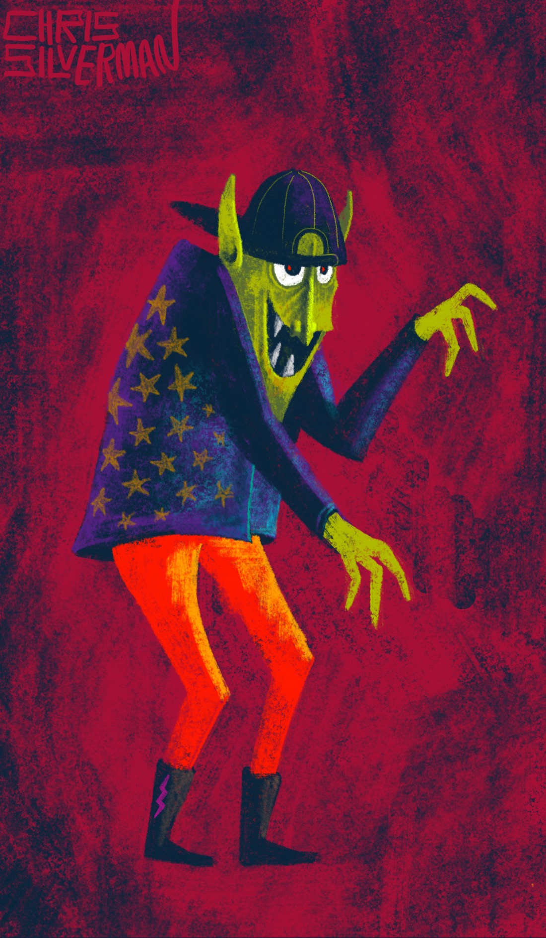 A green, goblinesque figure wearing a black baseball cap backwards, an indigo jacket with gold stars on the back, a pair of garish red-orange pants, and black boots with a purple lightning bolt on one. The figure has long pointed ears, a long, pointed nose, a long, pointed face, and long, pointed teeth. It is gesturing creepily with its hands the way a monster in a horror film might do. Its eyes are partly covered by the baseball cap. The painting is signed "Chris Silverman".