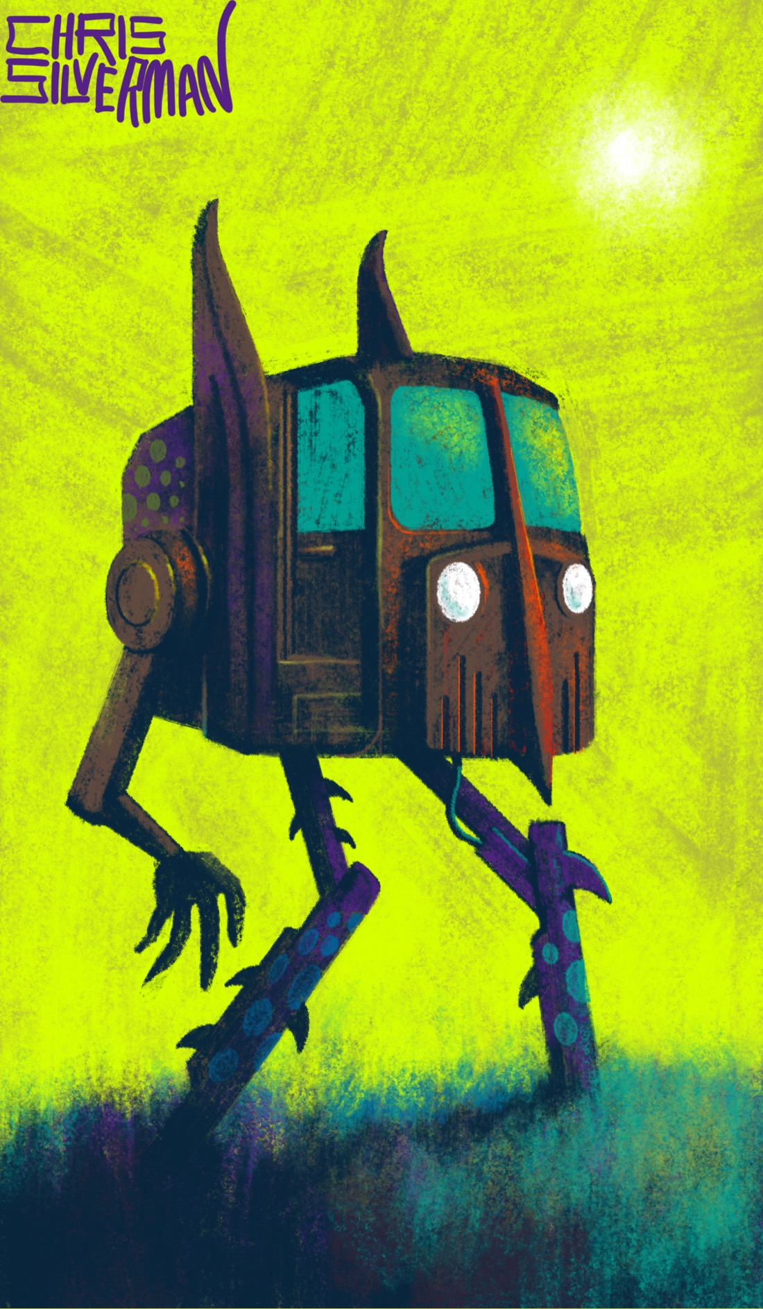 A strange, monstrous-looking machine that looks like the rusting cab of a classic truck, mounted on two mechanical legs. Running center down the front of the cab is a line that divides the windshield and ends in a sharp nose. On either side of the cab are two curled, pointed fins that strongly suggest ears. The machine has one visible robot arm with clawed fingers. While the machine is primarily a rusty brown color, it has orange- and purple-tinged areas, with green spots on the rear side. Its legs are also purple, with blue spots and several spikes. It is wandering through a bluish-purple meadow under a bright green sky with a blazing white sun. The painting is signed "Chris Silverman".