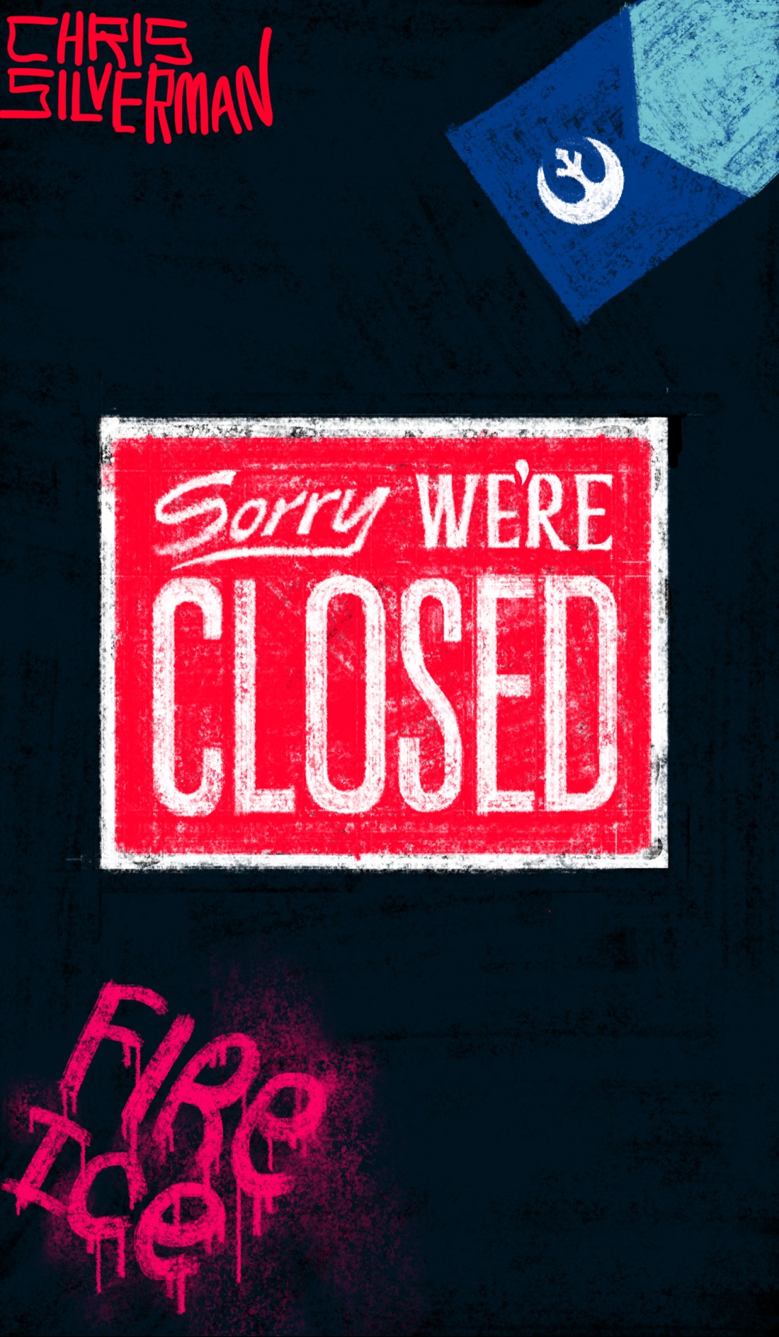 A black background with a red "Closed" sign, like a lot of businesses are displaying right now in solidarity with the nationwide general strike and the protest against ICE. The sign reads "Sorry, We're Closed" in white letters in that mix of script and all-caps sans-serif that I like so much. In the lower left are the words "Fire ICE", scrawled in neon-pink graffiti lettering. In the top right is the Minnesota flag, a design that features a light blue field with a darker blue obtuse angular figure on the hoist. There's one small modification, though: in place of the white star is the Rebel Alliance logo from Star Wars. The painting is signed "Chris Silverman".