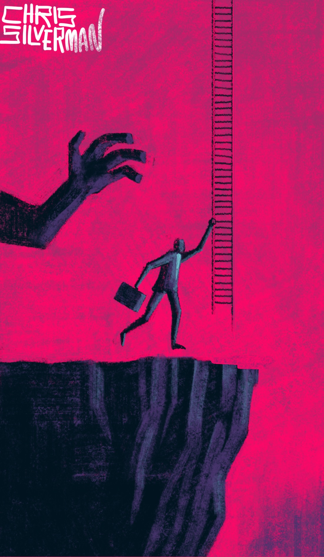 An ominous scene: a steep, dark cliff under a crimson sky. Right at the edge of the cliff, dangling down from the sky from an unseen source, is a long rope ladder. Racing towards the ladder—gripping it, in fact—is a figure wearing a suit and carrying a briefcase. Right behind the figure and reaching towards it is a huge dark arm with grasping fingers; an unhappy client, perhaps. The painting is signed "Chris Silverman".