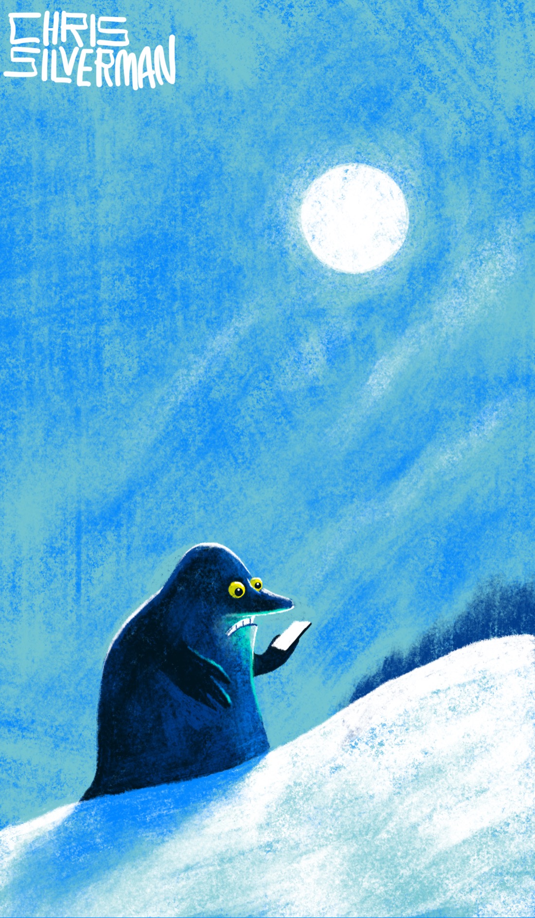 A bright, moonlit winter night. The full moon hangs in a slightly cloudy sky. A slight tinge of white reflects off the wisps of dull blue clouds. The Groke, a formless dark creature with a large nose, trudges up a snow-covered hill, casting a blue shadow in the moonlight. The Groke is holding a phone in one large paw and staring at it, yellow eyes fixed on the white screen. It's light, all right, but entirely without warmth. A dark treeline is visible over the hill. The painting is signed "Chris Silverman".