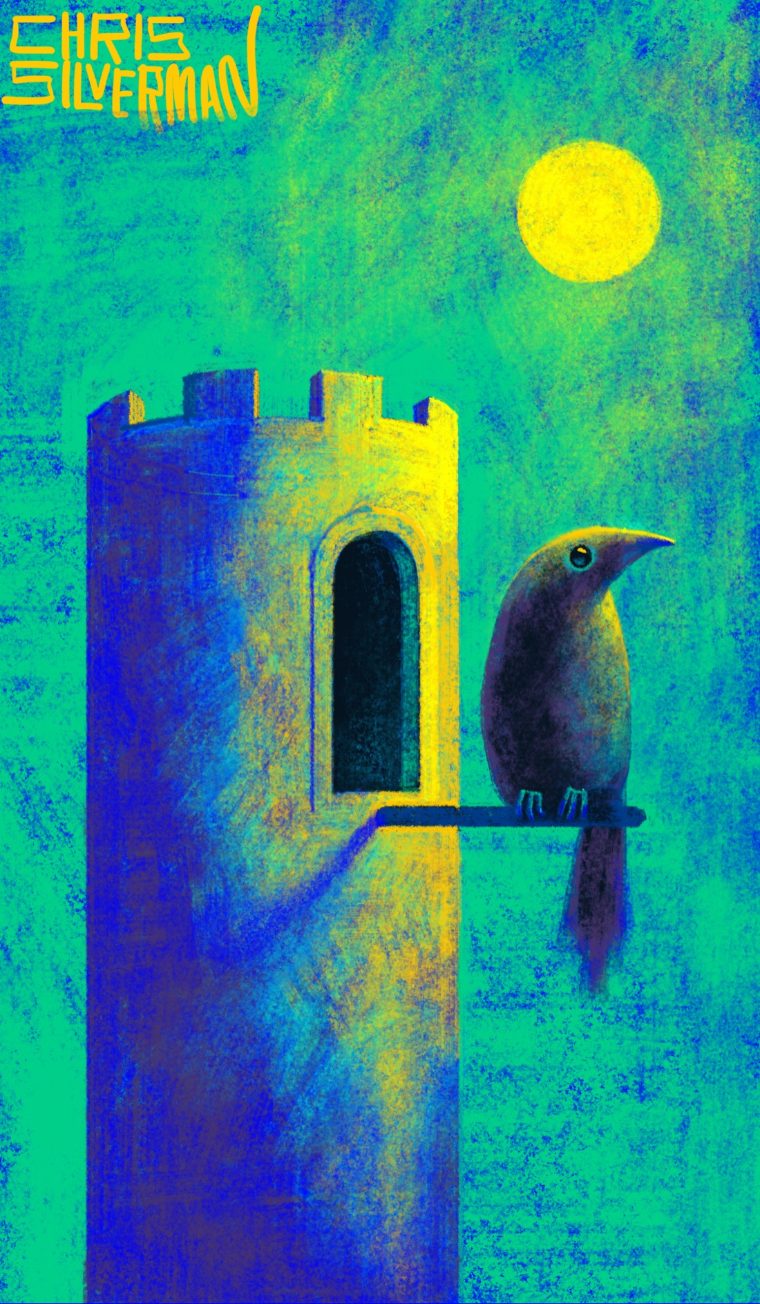 A tall castle turret stands against a green sky. The turret is mostly blue, with one side illuminated gold by the sun. On the right side of the turret is an arched window. Extending out from beneath the window is a long rod, like a perch on a bird feeder. Sitting on the roof is a large bird, species indeterminate. The bird is mostly dark, with a yellowish-green sheen from the sunlight. The sun, round and yellow, sits in the top right of the sky. The bird is looking up at it. The painting is signed "Chris Silverman".