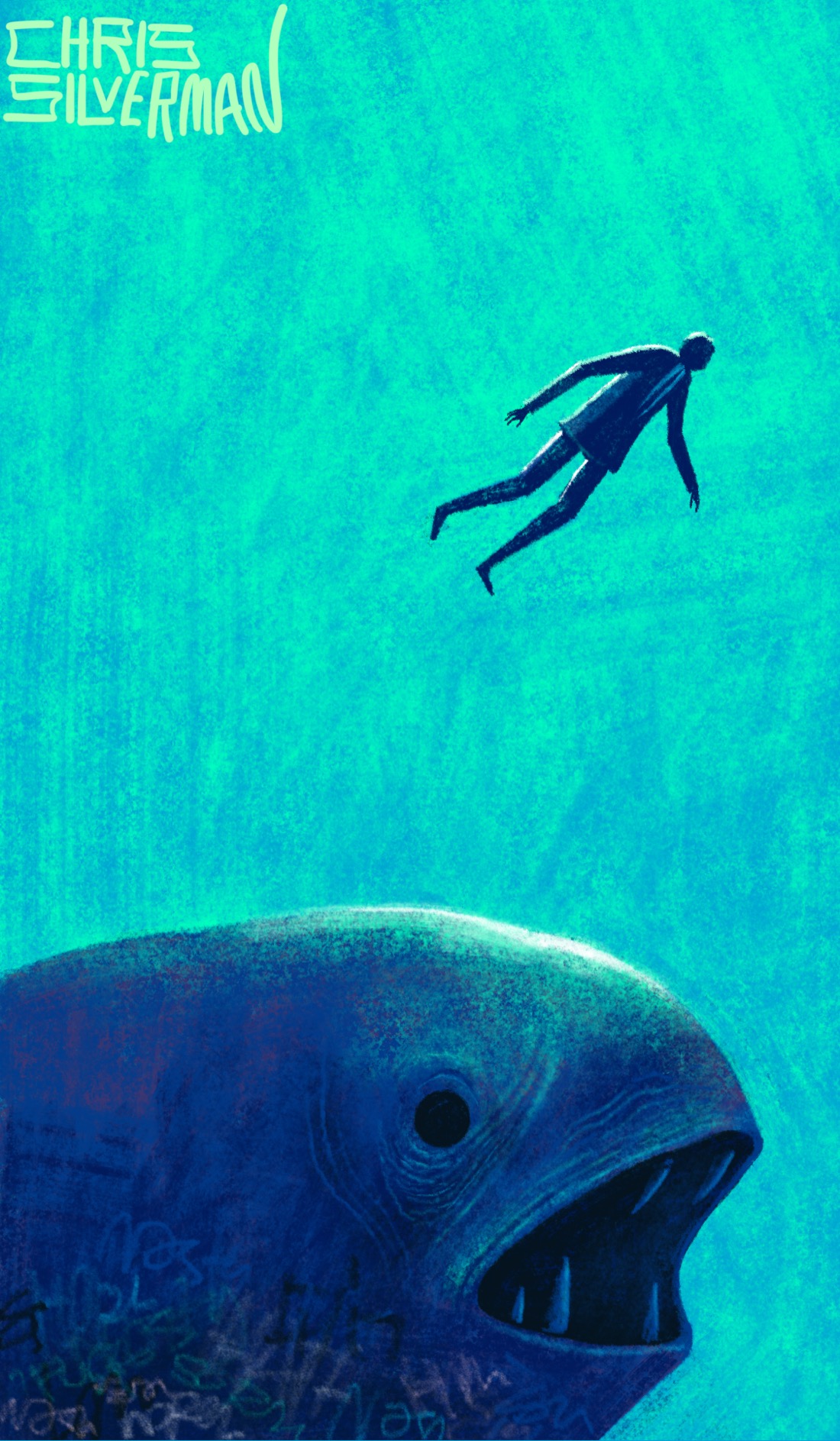 A blue-green world somewhere under the water. Something vast and old is shifting up from the depths. Only its head is visible: round like a fish's, with one dead black eye and a large mouth full of pointed teeth. The creature is dark blue, with slightly wrinkled skin, and covered in illegible graffiti tags. Floating above it, still deep underwater, is a person wearing a suit and tie. The painting is signed "Chris Silverman".