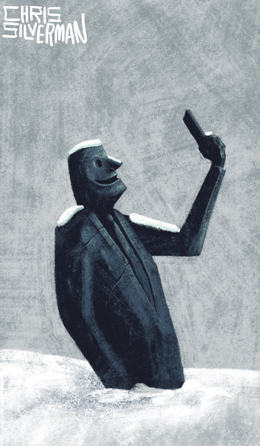 A gray, stone statue wearing a suit and tie stands waist deep in the snow under a gray sky. The statue is partly covered with snow, and has a few small cracks in it. It is taking a selfie, holding its stone phone up in front of its face and smiling. The painting is signed "Chris Silverman".
