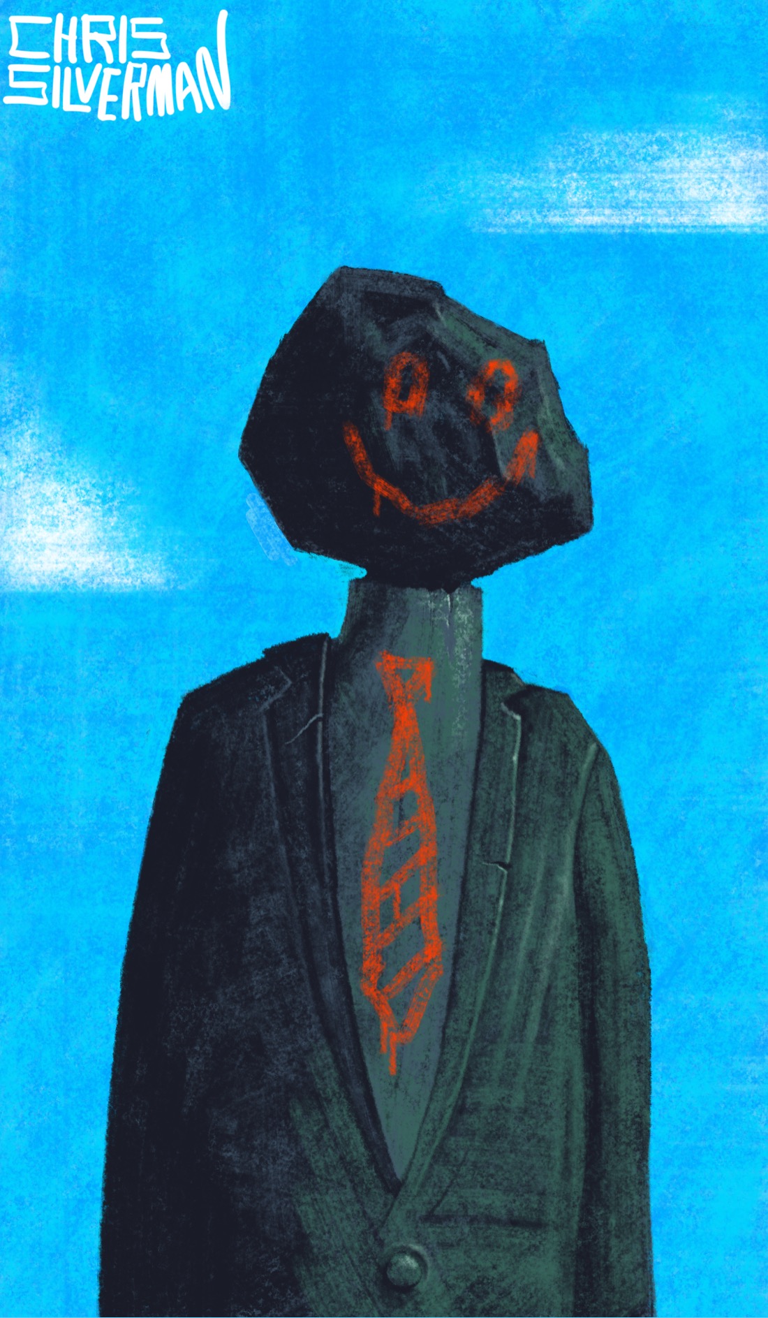 A statue made of dull gray-green concrete stands against a blue sky. The statue wears a suit coat. Instead of a head, it has a boulder, balanced on its stumplike neck. A crude red smiling face is spray-painted onto the boulder. Similarly, a red necktie is spray-painted onto its chest. There are a few white wispy clouds in the background. The painting is signed "Chris Silverman".