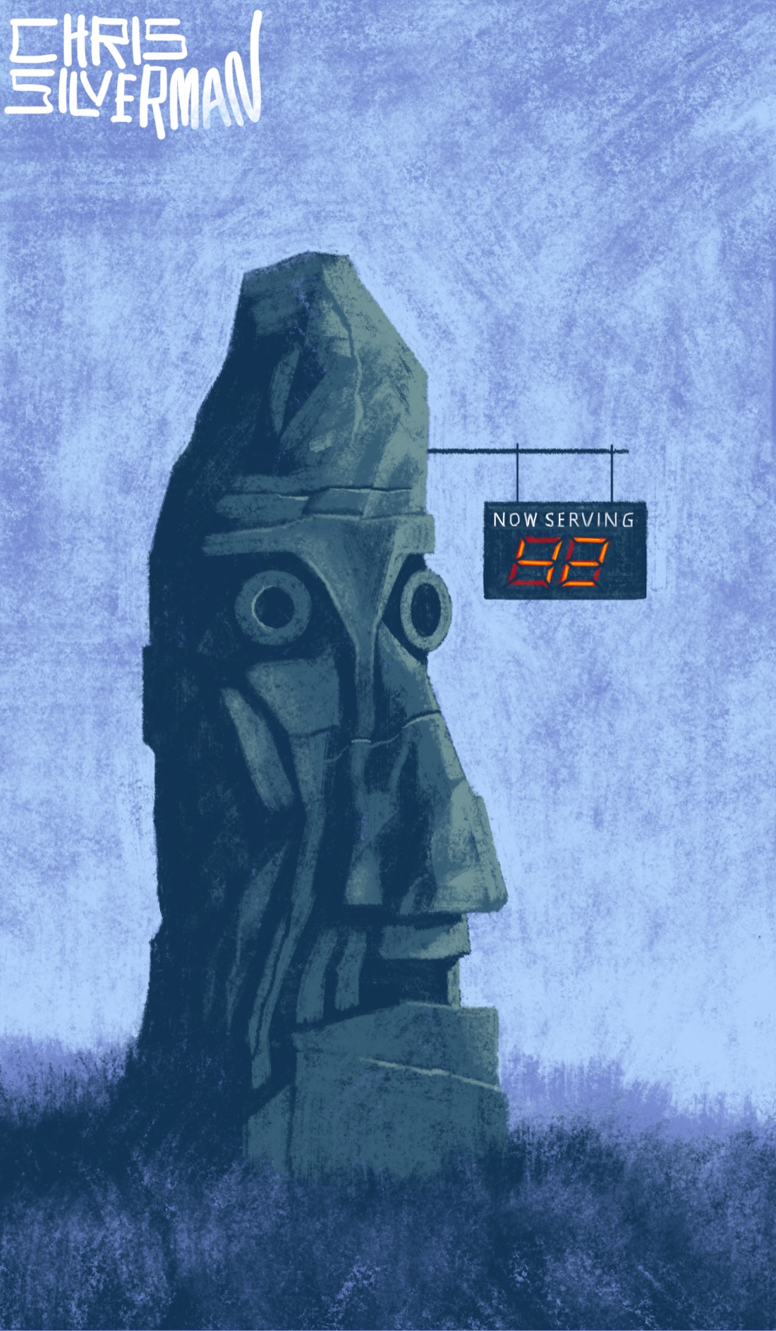 A huge, craggy stone head sits under a dull blue sky in a dull blue meadow. The head is clearly carved to have a rudimentary face: heavy brow, round eyes, and a long, heavy nose. The rock is rough and cracking. Sticking out of the stone's forehead is a rod with a black sign hanging from it. The sign has the words "Now serving", and then a red digital display showing the number 42. The painting is signed "Chris Silverman".