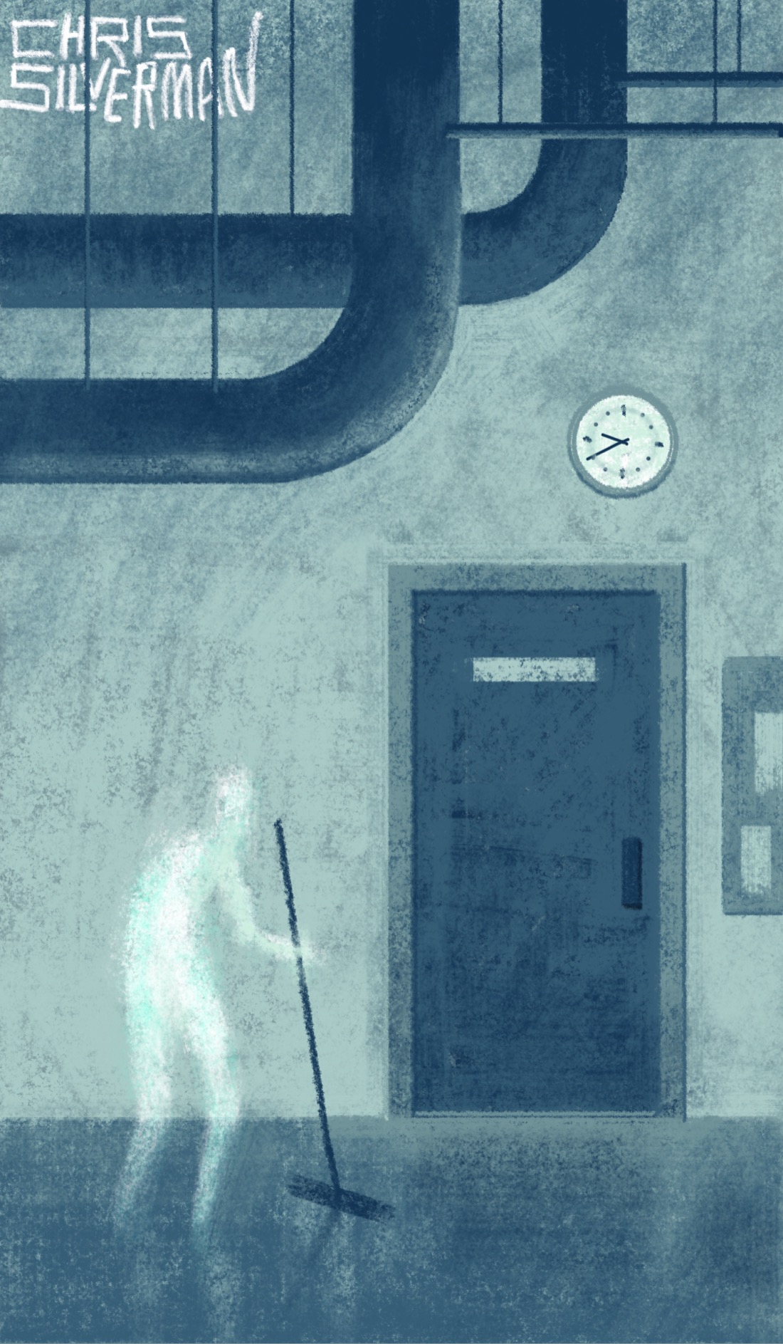 A drab, gray basement room. Heavy pipes hang from the ceiling. There is little to look at in this place: a white analog clock, a heavy gray door in the wall, the left edge of a bulletin board to the right of it. Under the pipes, a ghostly white figure holds a mop, sweeping a polished dark floor. The painting is signed "Chris Silverman".