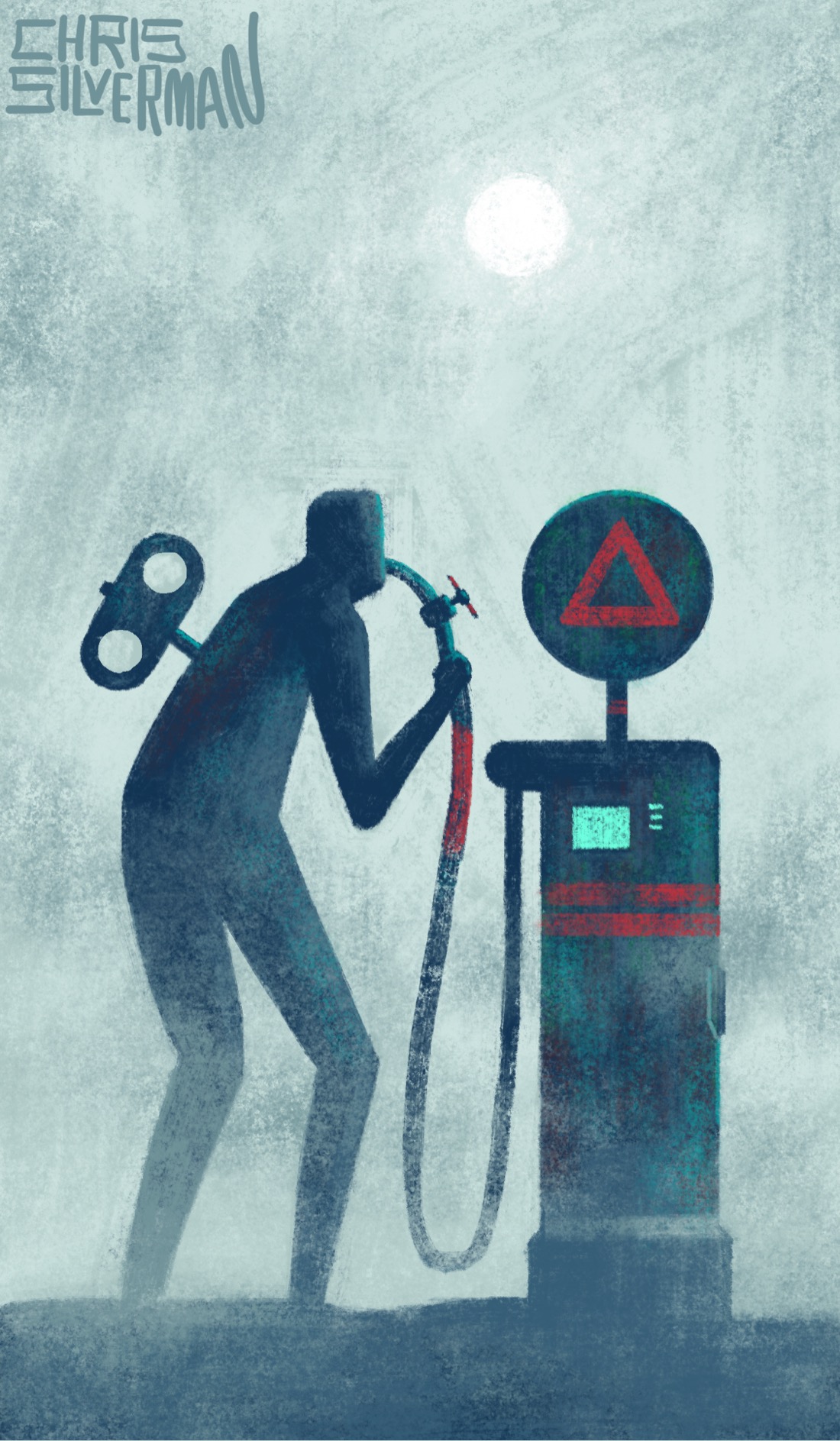 A smoggy gray day, with a dim white sun high in the sky. A dark, dully colored figure with a clock key sticking out of its back is drinking from a hose that comes from something that resembles a gas pump: a structure with a small green glowing screen and a circular sign sticking out of the top. The sign has a red triangle on it. The pump itself has a few red stripes, as does the hose. The entire scene is slightly foggy and washed out. The painting is signed "Chris Silverman".