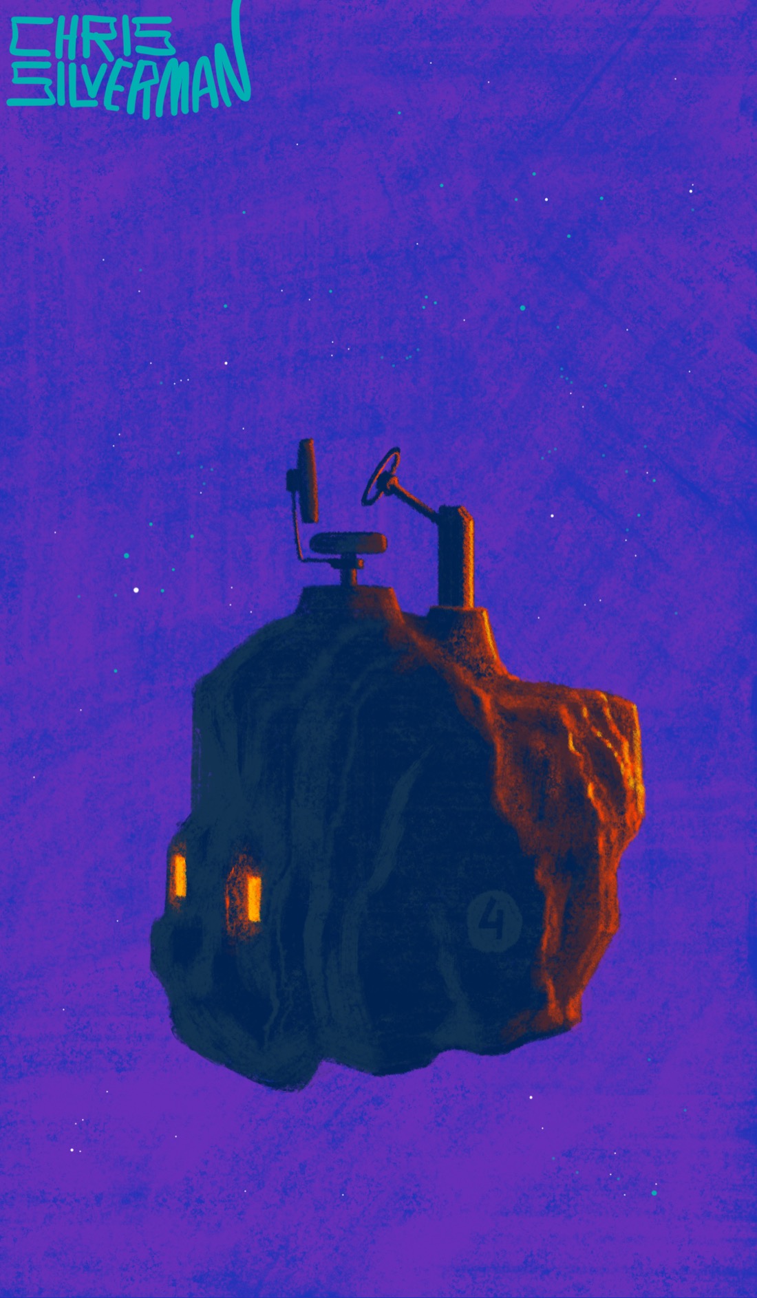 A small asteroid floats in the starry indigo expanse of deep space. Somewhat unusually, the asteroid has a tractor-style seat, a steering wheel, and red taillights. There's no sign of a driver. The front of the asteroid is illuminated with red light, as though catching sunlight from an unseen star. Stenciled on the side of the asteroid, as though it belongs to a fleet, is the number 4 inside a gray circle. The painting is signed "Chris Silverman".
