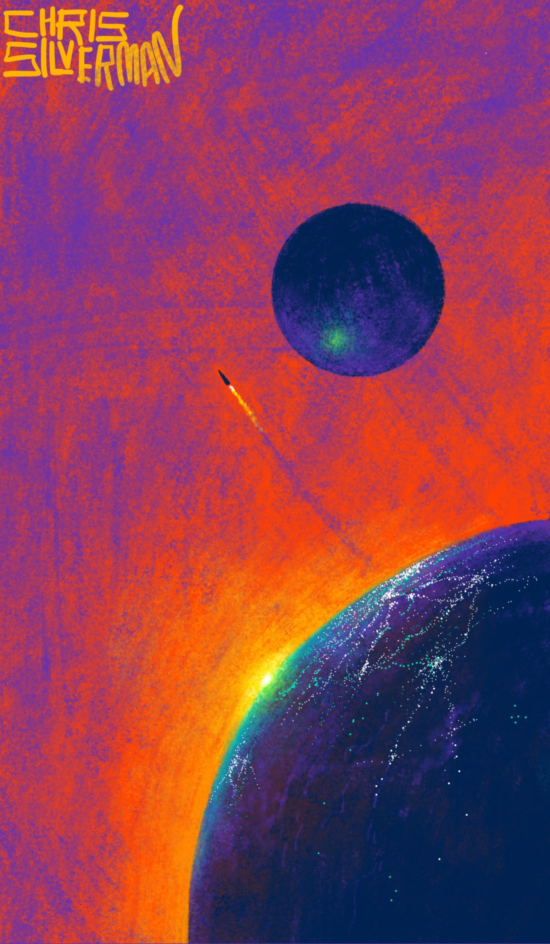 Two planets hang in a reddish-purple space. The planet in the foreground is purplish and has the sun on the horizon, casting a blazing yellow glow. The surface of the planet has many tiny white and green dots, arranged in clusters that indicate roads and cities. The second, farther planet is smaller, perhaps a moon. It has a greenish highlight from the sun, but does not show any signs of life. Heading past it into space, a trail of fire and smoke behind it, is a tiny rocket that has launched from the larger planet. The painting is signed "Chris Silverman".