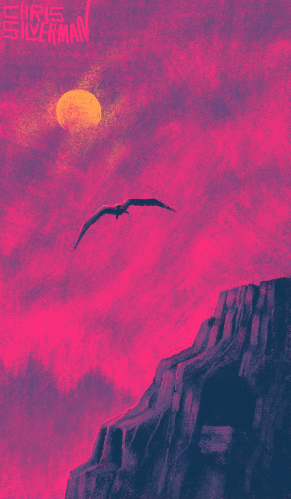 An eerie scene: a crimson sky smeared with purple clouds; a purple mountain range in the background; and a craggy mountainside in the foreground. The mountainside has several small caves that make it resemble the skull of some unknown animal. Taking off into the sky is a vast, black bird that may be living in one of the caves. It is heading towards a yellow moon that is partially obscured by clouds. The painting is signed "Chris Silverman".