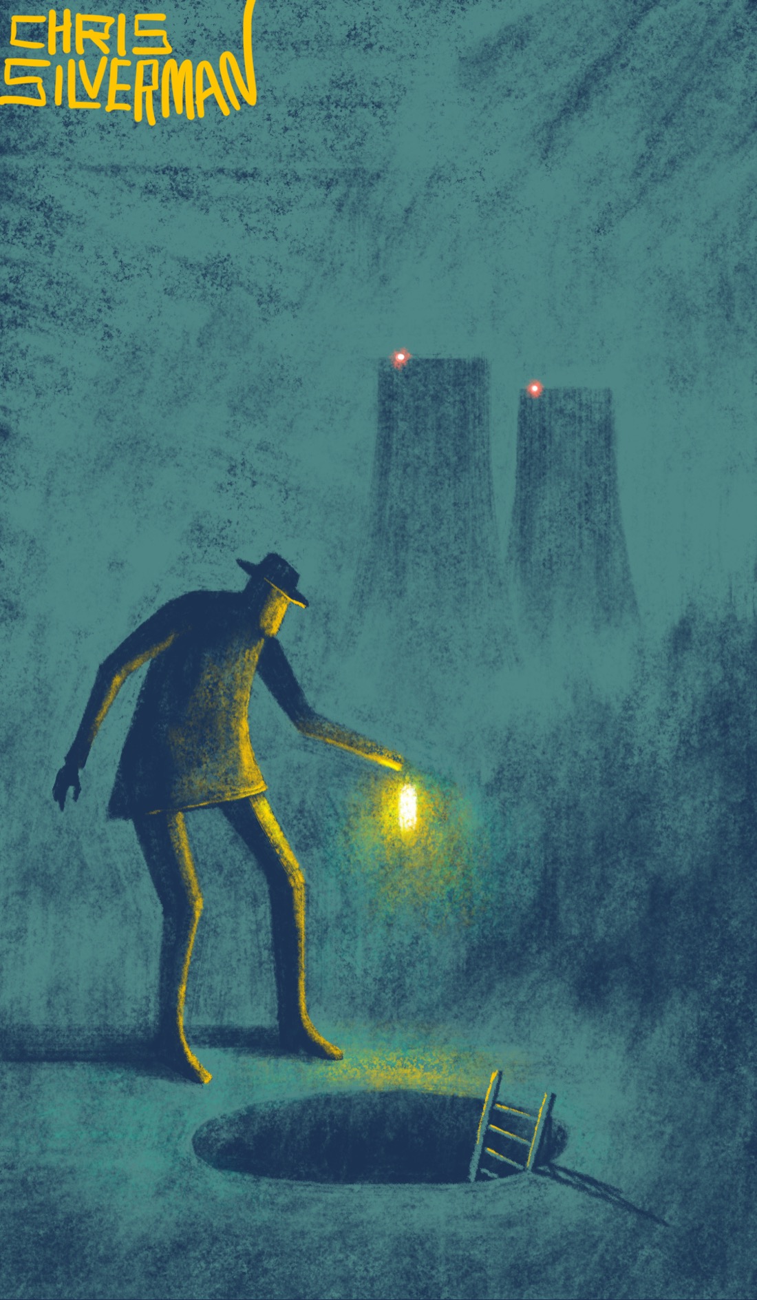 A dark, dull night—the world is a slate-green color. A figure wearing a hat and coat stands over a perfectly round, cylindrical hole in the ground, illuminated only by the yellow glow of a lantern. A ladder protrudes from the hole. In the immediate background is the blurry suggestion of bushes; in the far background loom two tall cooling towers reminiscent of a nuclear power plant. The towers have small, glowing red lights on them. The painting is signed "Chris Silverman".