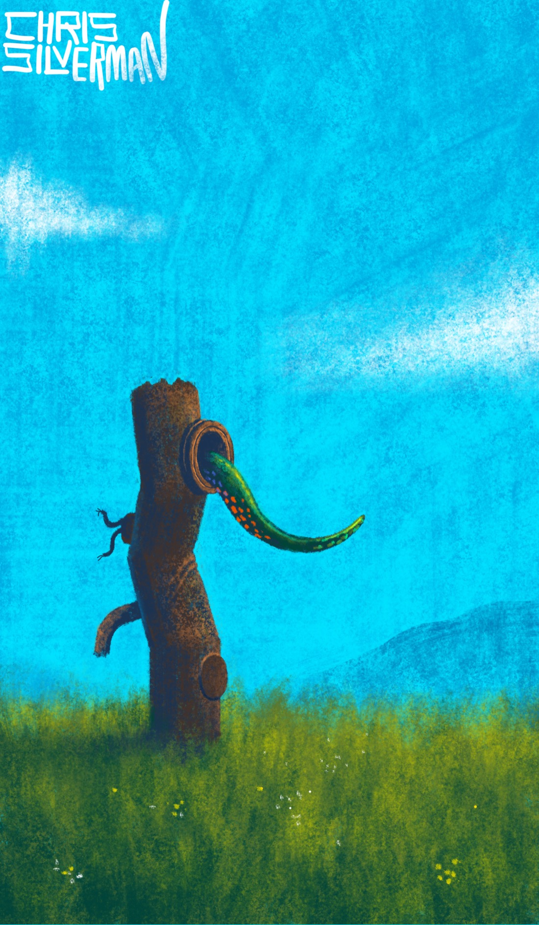 A vast, green meadow under a mostly cloudless blue sky. The meadow is dotted with white and yellow flowers. In the distance are some blue mountains. Sticking up out of the grass is something unmistakably artificial, and yet unidentifiable: a bent, rusty pipe that resembles a tree trunk, with small pipes, wires, and a large hole towards the top. Extending out of the hole is what could be either a tail or a tentacle: a shiny green appendage with bioluminescent red and green dots on it. The painting is signed "Chris Silverman".