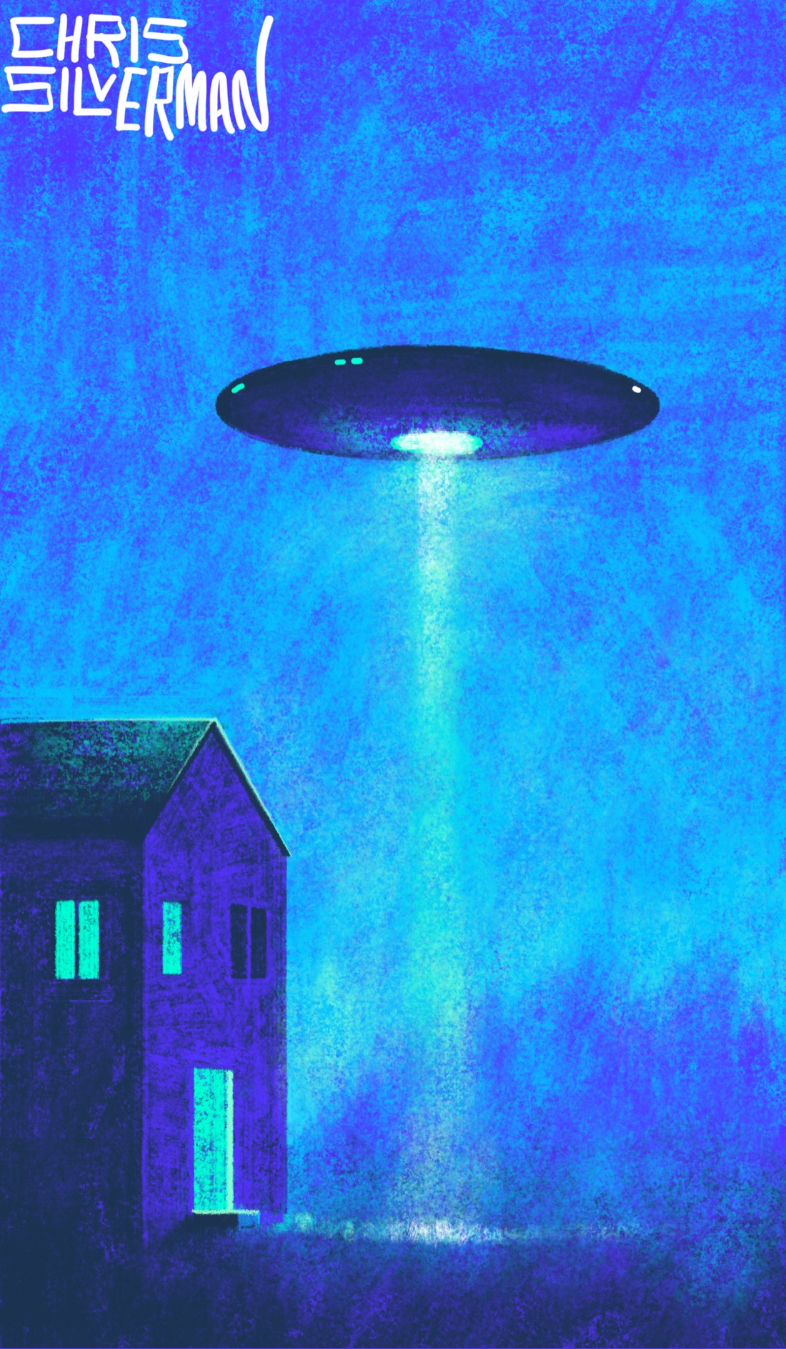 A clear evening. The sky is an indigo blue, and clear, except for a large black flying saucer hovering overhead. A greenish-white beam of light extends from the underside of the saucer to the ground. The saucer is hovering over a house. The door to the house is open, green light spilling onto the grass, but no one is visible. Several of the windows are also lit with greenish light. In the background is a purple blur of trees. The painting is signed "Chris Silverman".