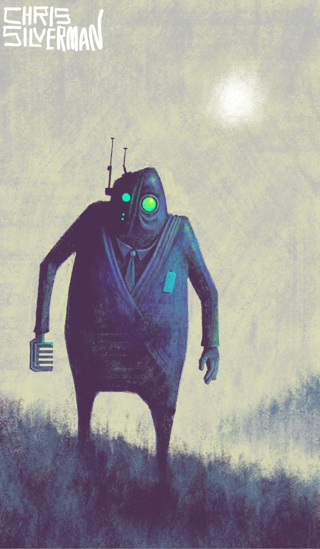 A strange, dark figure stalks along a grassy hillside under a bleak, grayish-yellow sky. The figure has long arms, thin legs, and a heavy body. It looks like it's wearing a suit and tie, but the upper and lower parts are one garment. It has a small green ID badge. Its head is covered by a hood with antennas, a zipper running down the middle of it. The eyes are round and glowing green, accompanied by a few small green LEDs. Its right hand has been replaced by a tool of some sort. In the background is the ridgeline of a mountain; a hazy white sun hangs in the sky. The painting is signed "Chris Silverman".