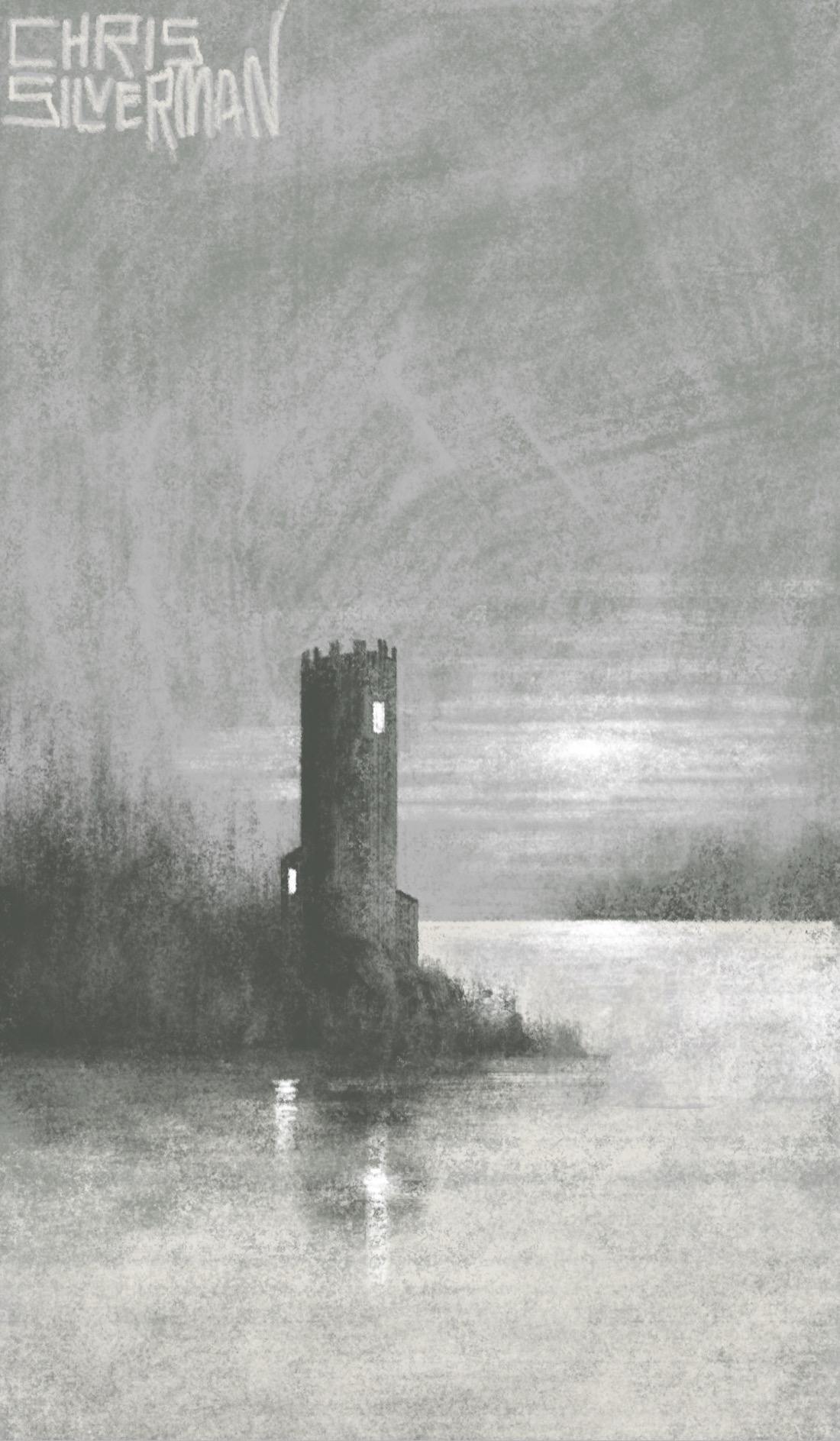 A vast lake on a gray night. In the foreground is a dark shoreline jutting out into the water. Most of the shoreline has trees. At the very end is a small castle: just a turret, really, with a few small buildings at its base. There is a window on the top floor of the turret, and another window in one of the buildings. Both glow white, the light reflecting off the water. In the distance is the blurry shape of another shoreline. Above the horizon sits a hazy moon, mostly obscured by clouds, seen as a series of glowing white stripes. The painting is signed "Chris Silverman."
