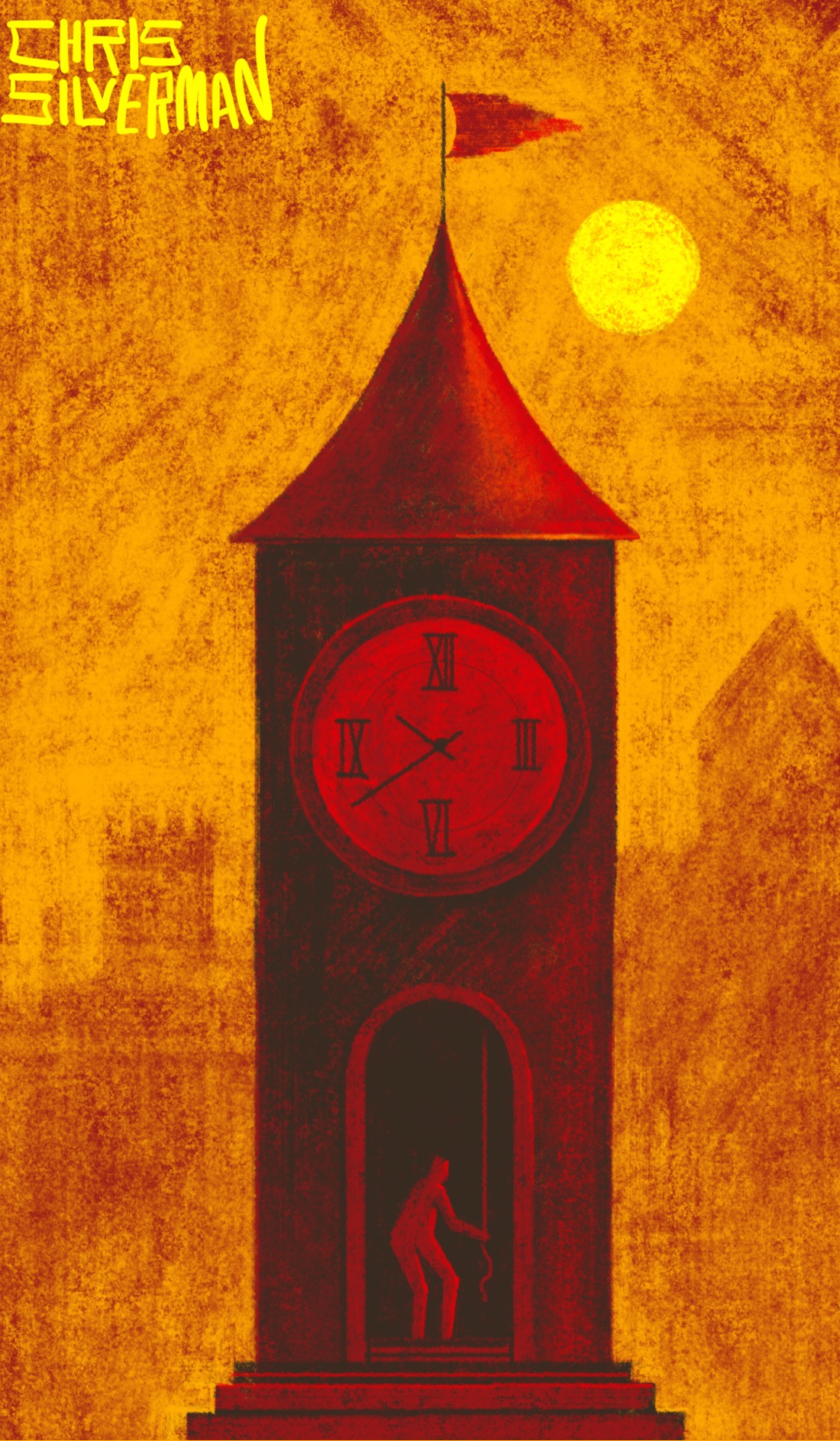 A red clock tower stands in the middle of a town square. The tower has a conical red roof and a red pennant flying from the top. The clock is also red, with Roman numerals. The time it displays is 9:41. The tower appears to be in shadow, a yellow sun blazing in the orange sky behind it. Standing in the arched doorway of the tower is a person pulling on a rope. In the background are the shadowy silhouettes of towers and buildings. The painting is signed "Chris Silverman".