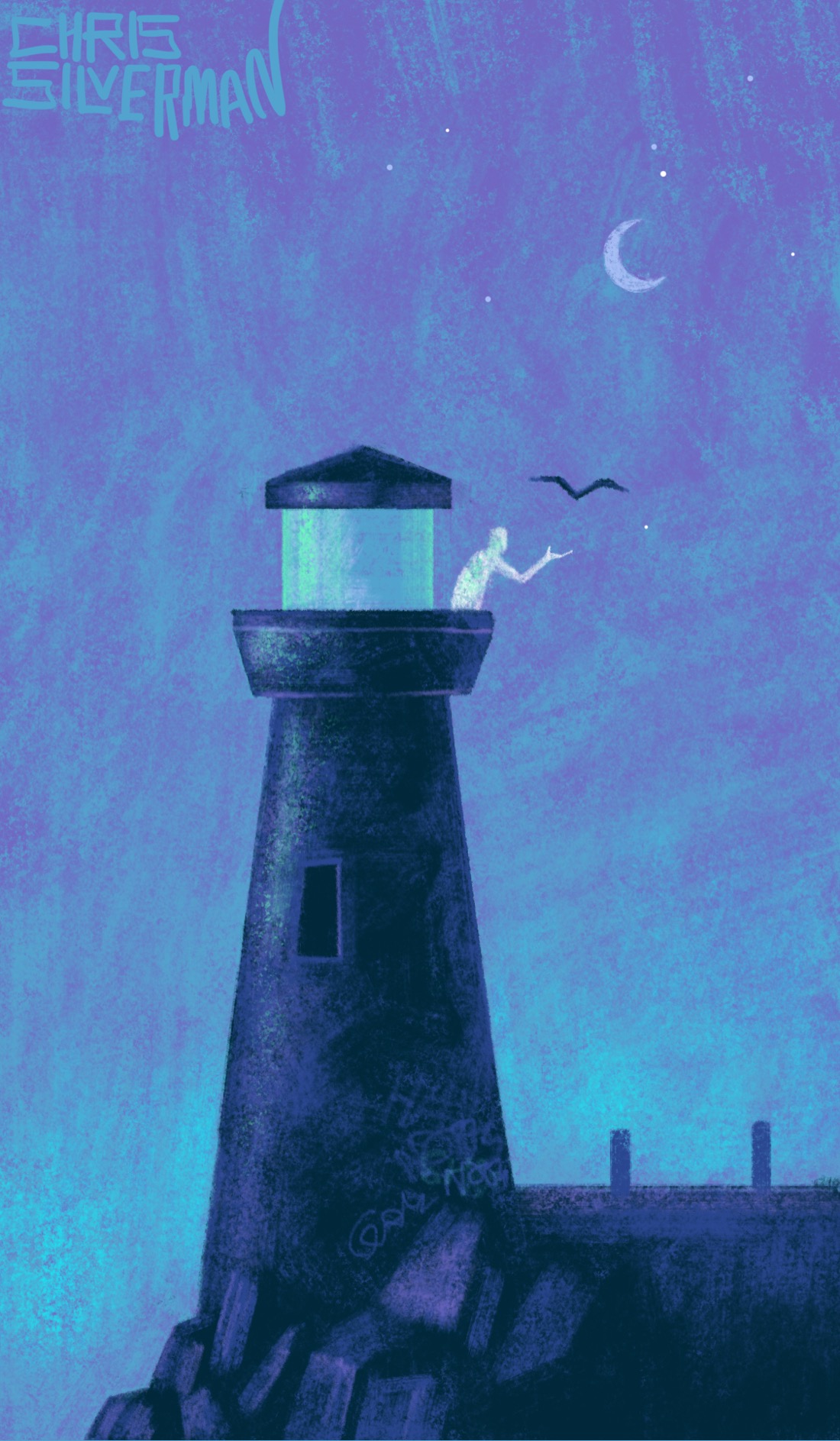 A lighthouse at the edge of a rocky shore at dusk. The lighthouse is small and dark-colored, with a single dark window in its side. The sky is a bluish-purple; a crescent moon is in the upper right of the sky. The lighthouse appears abandoned. The beacon housing, a dull glassy green, is not lit inside. The base of the lighthouse is covered in faded graffiti. Nevertheless, there is one resident, and possibly a permanent one: a white figure on the balcony encircling the beacon housing. The figure has one arm outstretched, releasing a large black bird into the night. The painting is signed "Chris Silverman".