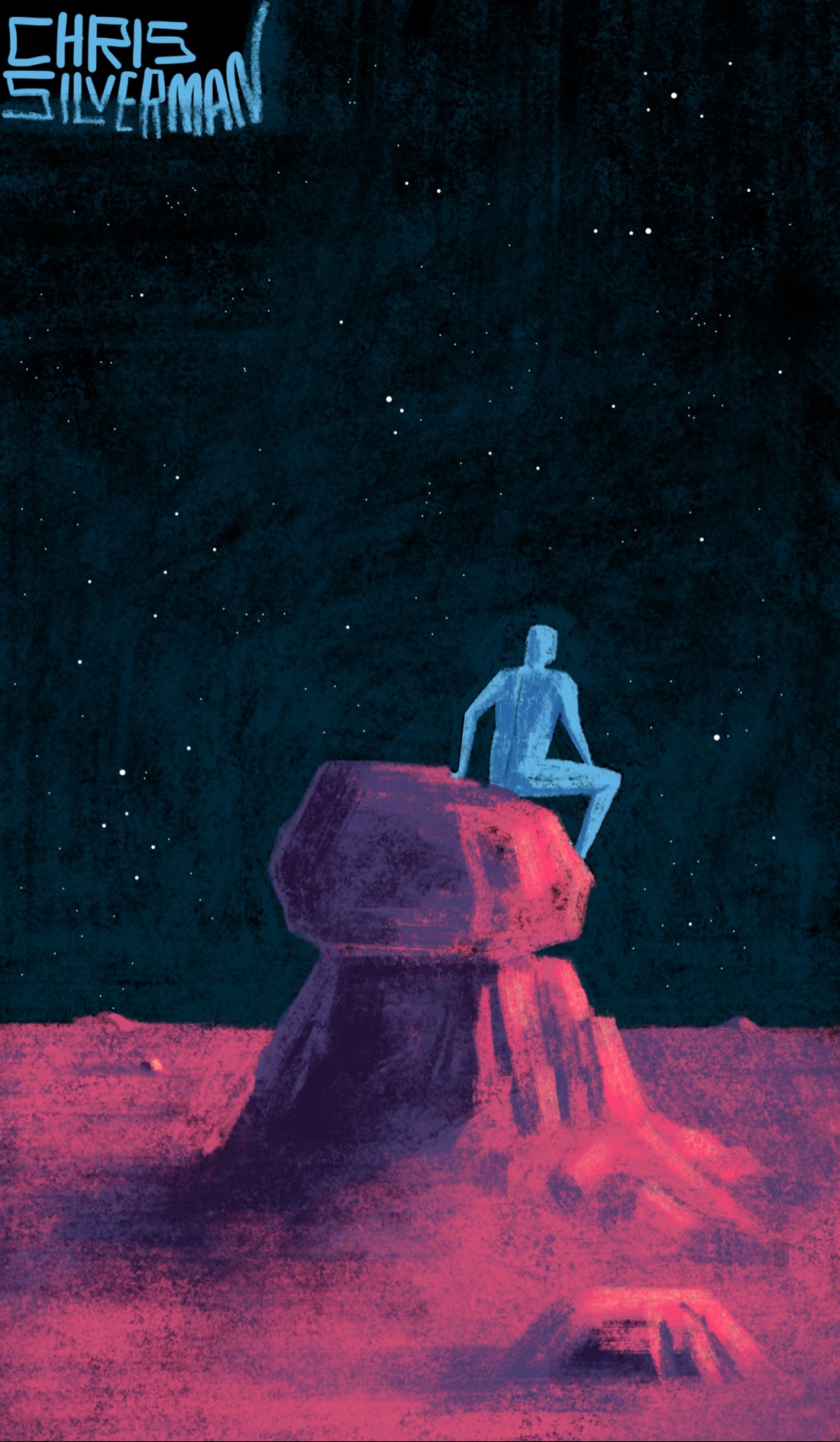 A barren, reddish-pink landscape under a black, starry sky. It looks like a desert on another planet. In the middle of it is a small mound of rock, with a boulder balanced on top of the rock. The rocky pile casts a dark purple shadow on the flat ground. Sitting on top of the boulder is a blue person, its back to the viewer. It has one hand on the rock and another hand on its knee, and it is staring up at the starry blackness, undoubtedly thinking that it is tired of earth. These people. It is tired of being caught in the tangle of their lives. The painting is signed "Chris Silverman".