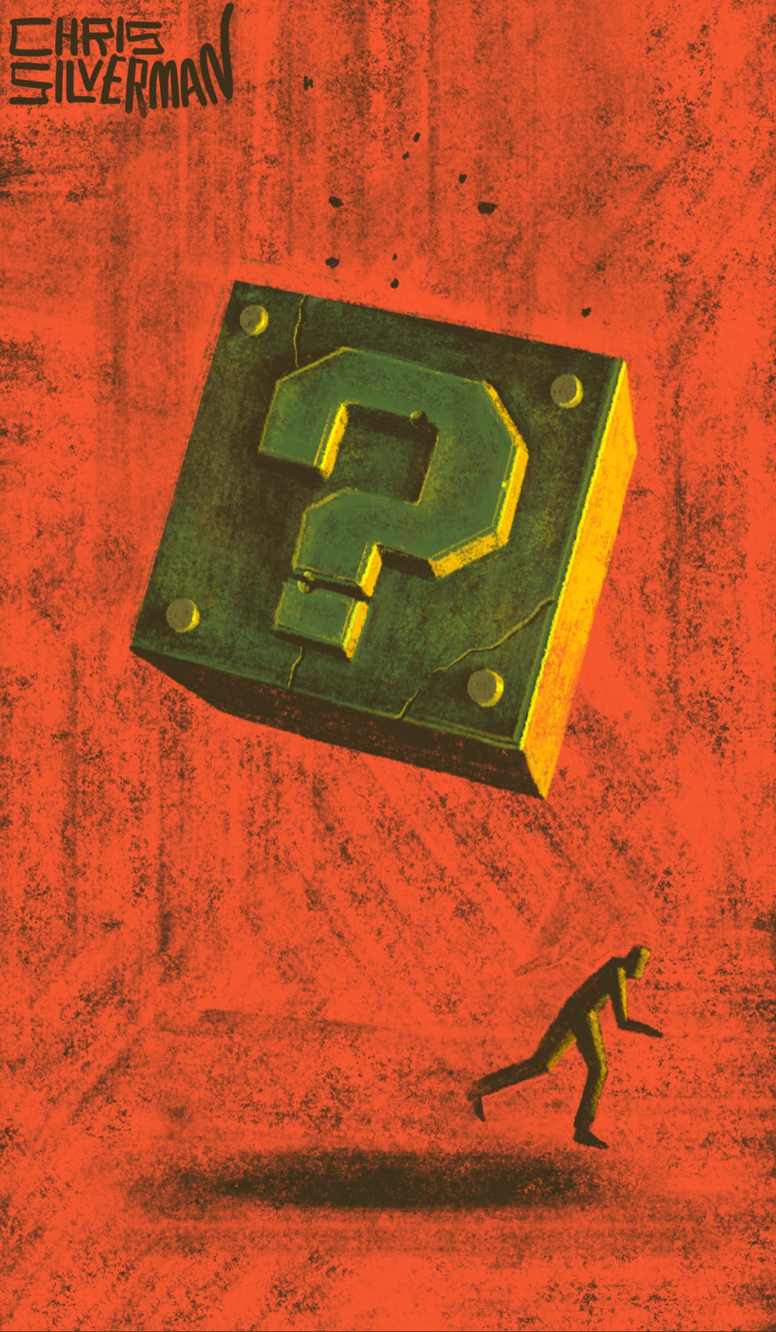 A bright red-orange background. Falling from the sky like a safe tossed off a skyscraper is a large, brass-colored cube that looks like it is made of metal or stone. Embossed on the slightly cracked front is a chunky question mark with four bolts around it, like the question boxes in the Mario universe. It is, judging from the size of the person running away from its anticipated point of impact, the size of a small house. The painting is signed "Chris Silverman".