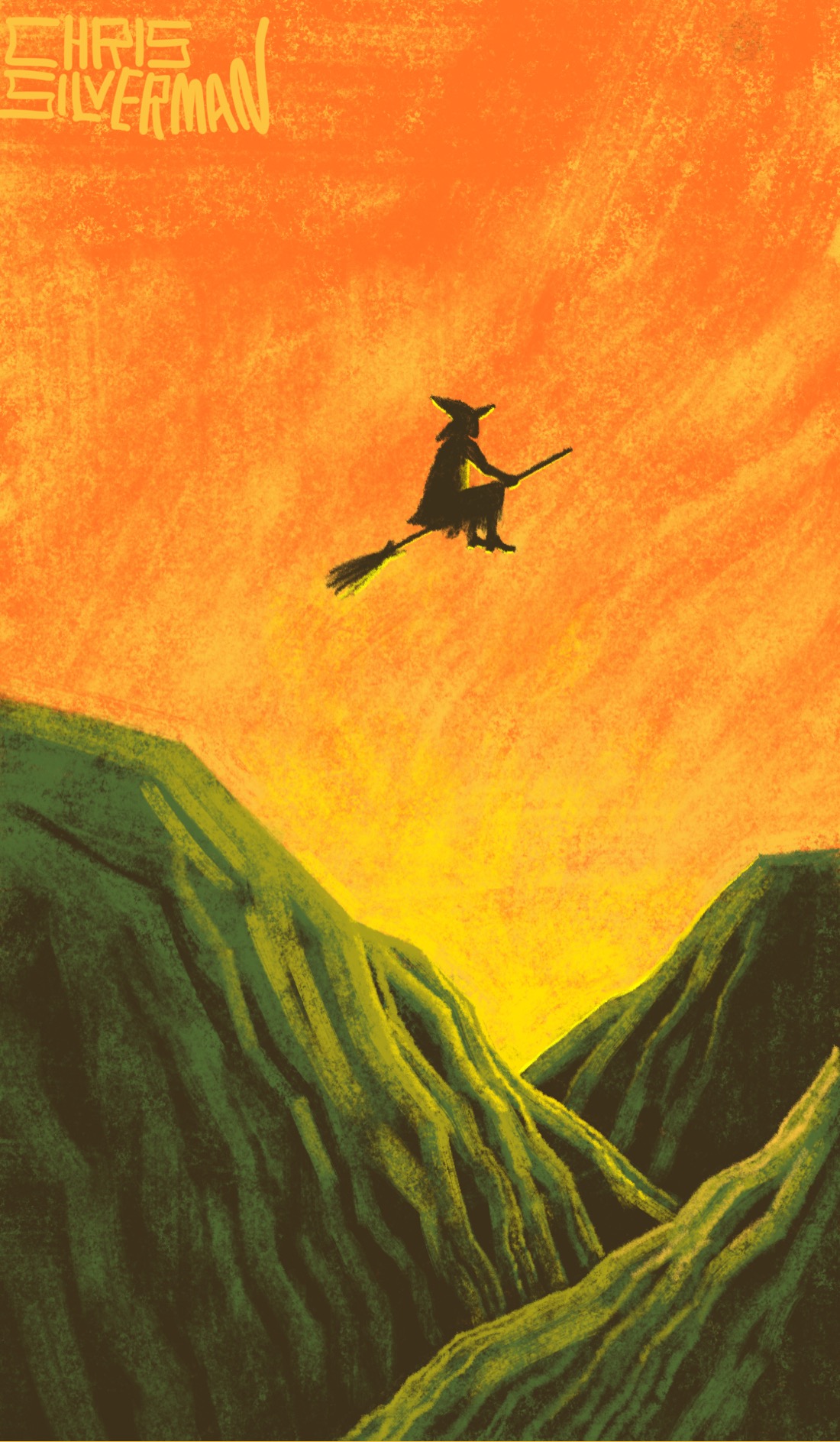 A complex landscape of craggy green mountains under an orange dusk sky. Flying over the mountains is a witch on a broomstick, the yellow light from the setting sun glinting off them. The painting is signed "Chris Silverman".