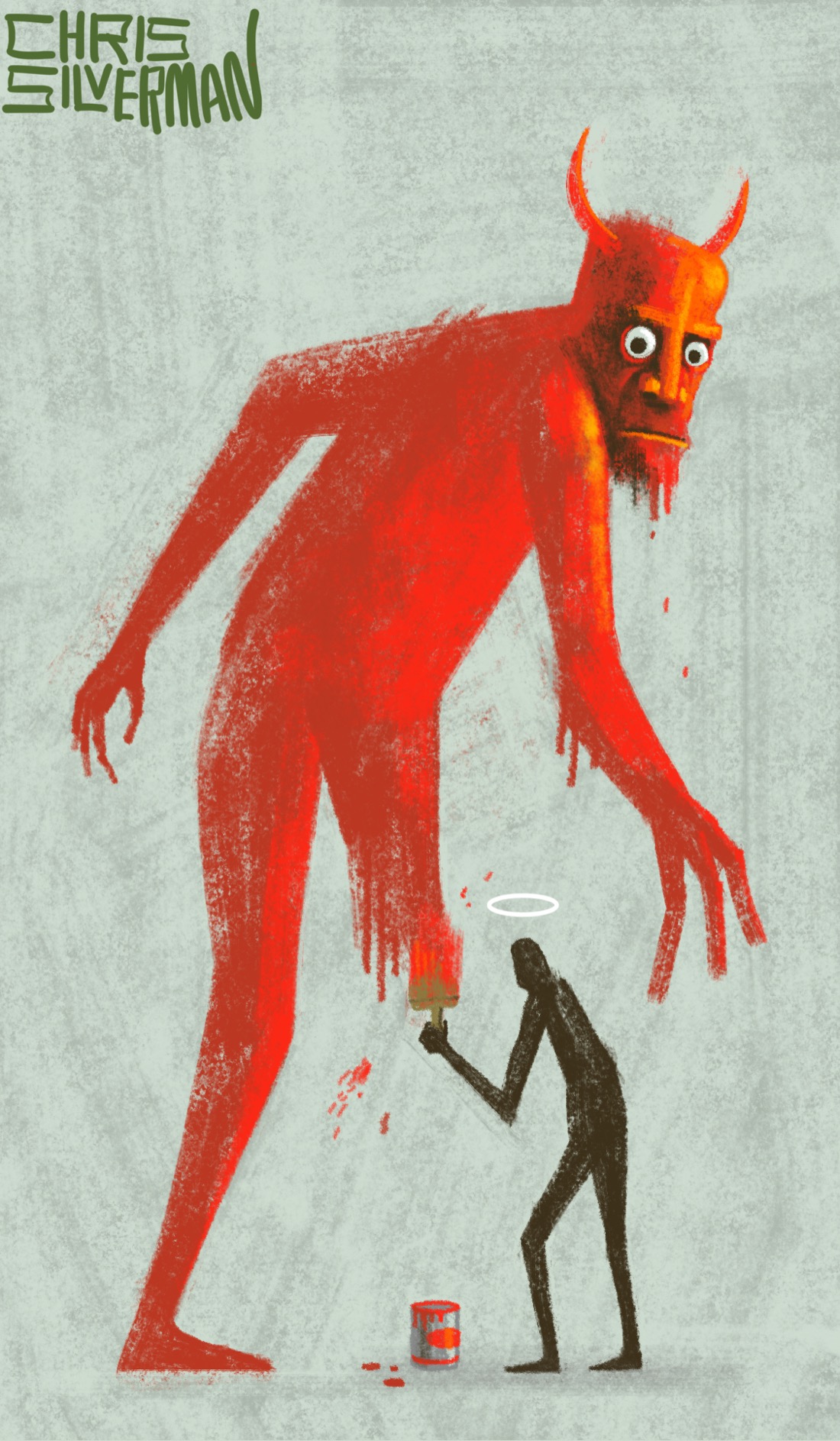 A thin figure paints a giant red devil, comparatively the size of a house, on a gray surface. While the devil's right leg is rough and unfinished, and parts of it have red paint drips, the rest of the devil looks quite realistic and appears to be coming alive. The devil has turned its head and is looking down at the painter, an expression of dark suspicion on its face. The painter has a white halo above its head. A small silver and red paint can sits on the ground. The painting—this painting, the meta-painting, if you will—is signed "Chris Silverman".