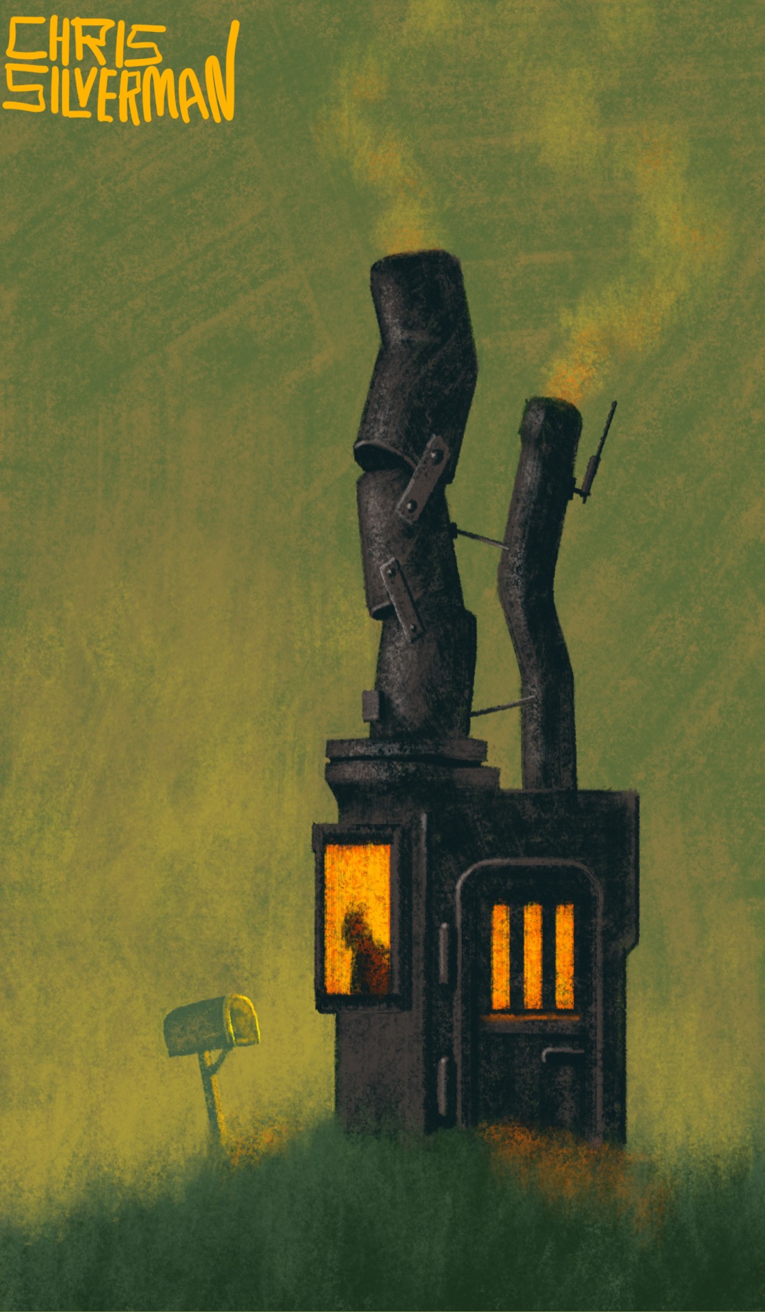 A small, dark building that looks like an abandoned furnace sits in a dismal green meadow under a dismal green-brown sky. It looks like it is made of cast iron, and has a door with rounded edges. Sticking up from the top of it are two dangerously rickety chimneys. One is slightly larger than the other and looks like it is made from bolted-together scrap metal. The two are fastened together with small metal strips. The building is not abandoned, however: orange light glows between bars on the door, and from a small side window, and dull smoke is coming from the chimneys. Visible in the window is the dark profile of someone inside. A small mailbox sits to the left side of the building. The painting is signed "Chris Silverman".