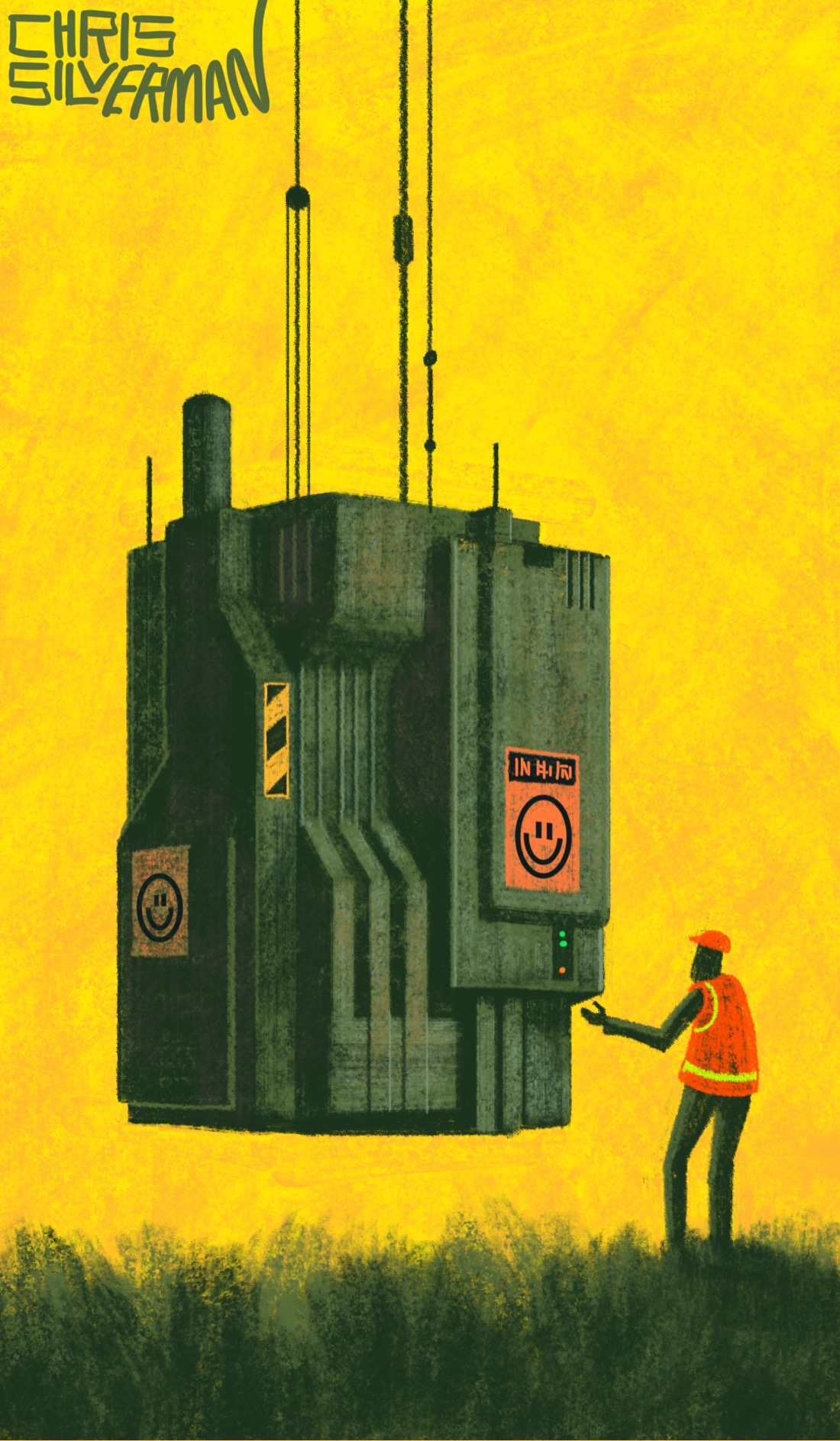 A huge, boxy machine of some sort is lowered from an unseen source up above in the yellow sky. It is the size of a small house and a dull, metallic gray, with various vents and protrusions that make it look sort of like a generator. On top, it has a small chimney and several antennae. On the sides, it has several orange warning decals. The text on these signs isn't visible, but they have a large smiley-face icon. Standing on the ground, directing at interposition, is a figure wearing an orange helmet and an orange and neon green reflective vest. The painting is signed "Chris Silverman".