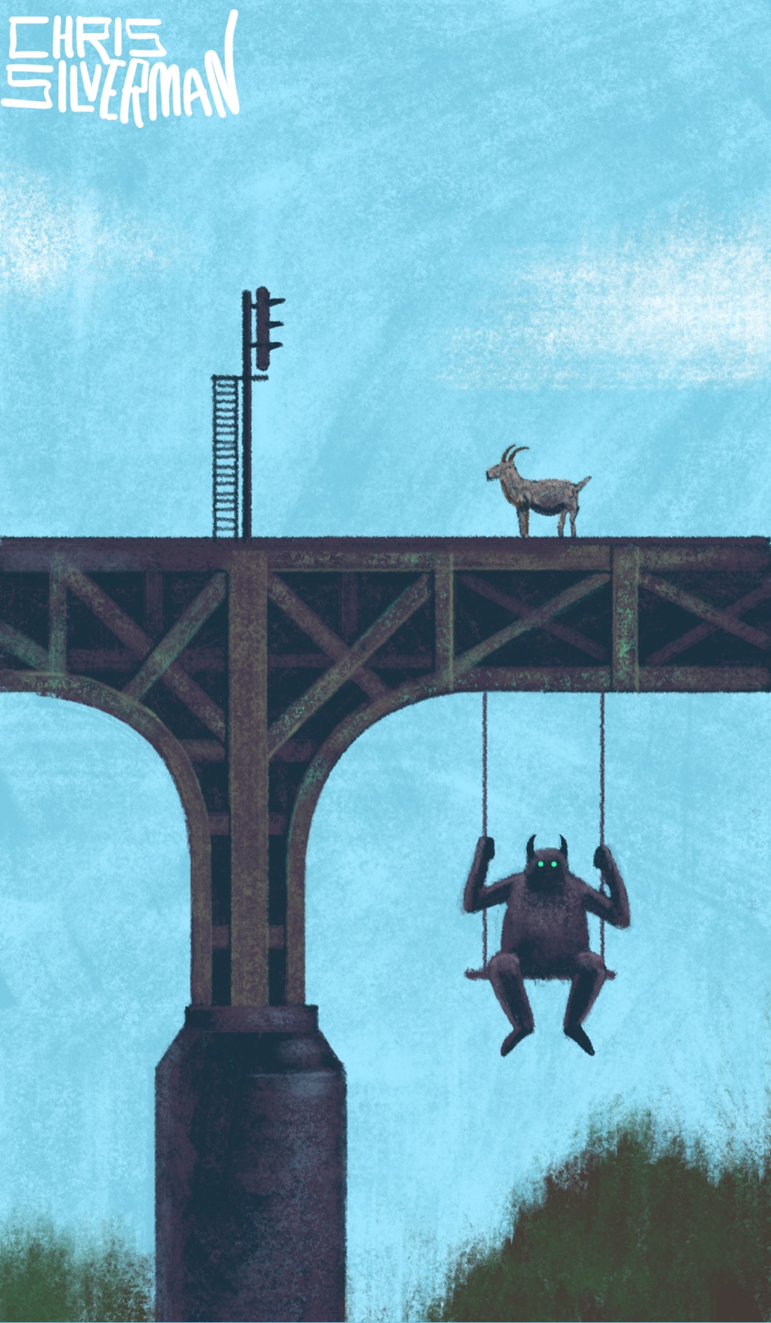 A heavy, rusty, iron railroad bridge stands against a blue, mostly cloudless sky. Sticking up from it is a railroad signal. Walking across the bridge is a small light-colored goat. Hanging beneath the bridge, sitting on a swing, is a heavy, black, horned figure with glowing green eyes. A blurry green treeline is visible below, in the background. The painting is signed "Chris Silverman".