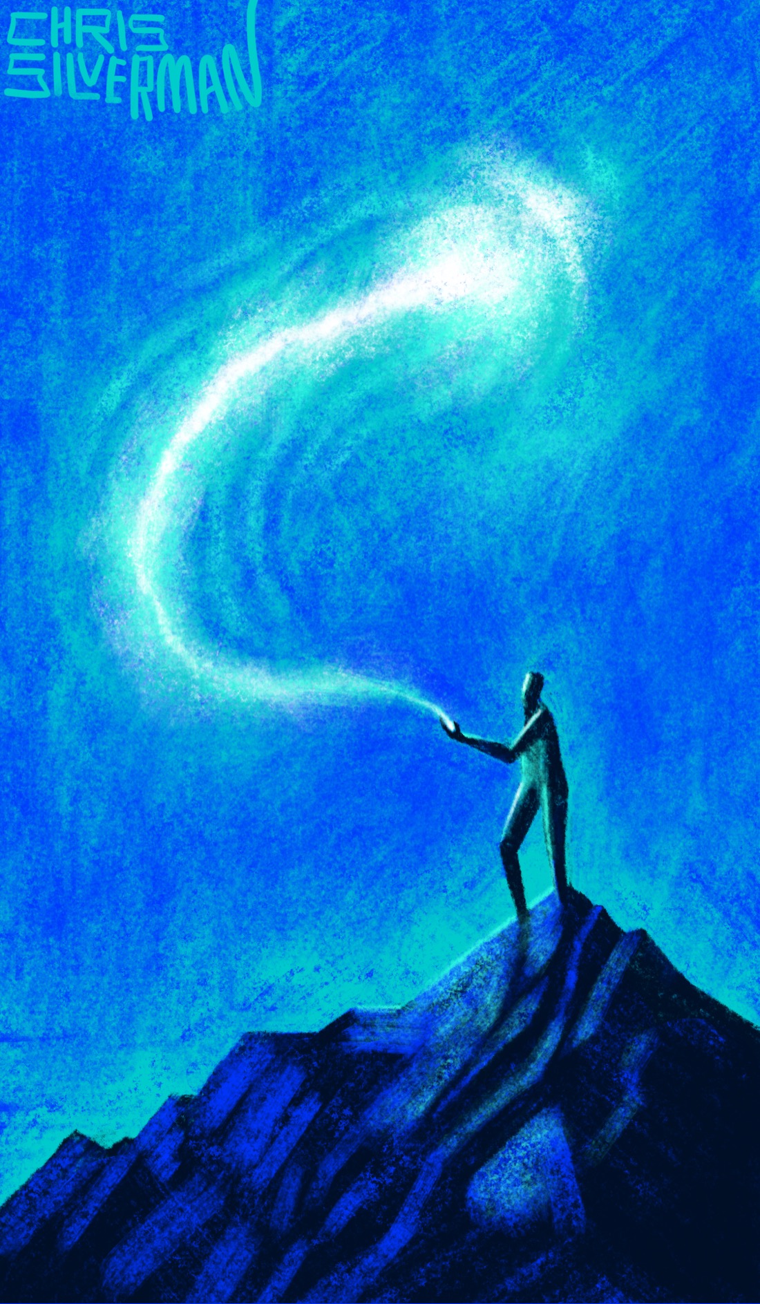 A figure stands on a craggy dark mountaintop under a dark blue sky. The figure's hand is outstretched, and a glowing whitish-green fireball leaps from it into the sky, casting a glow over everything. The painting is signed "Chris Silverman".
