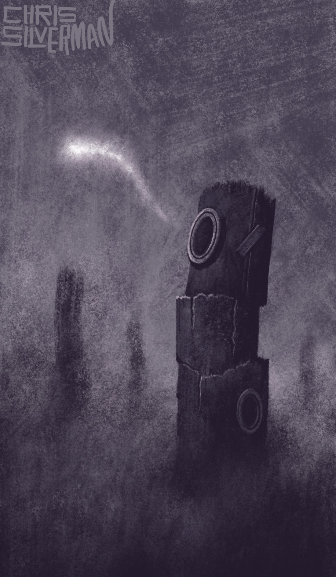 A stack of indecipherable objects sits in a gloomy dull gray netherworld. The objects vaguely resemble tree stumps, although at least one of them looks like bolted-together metal. Two of them have neat, machined holes. Drifting from one of the holes is a wispy glowing entity that looks like a tadpole made of white light. The environment is foggy, and the dim outlines of other stacks can be seen in the background. The painting is signed "Chris Silverman".
