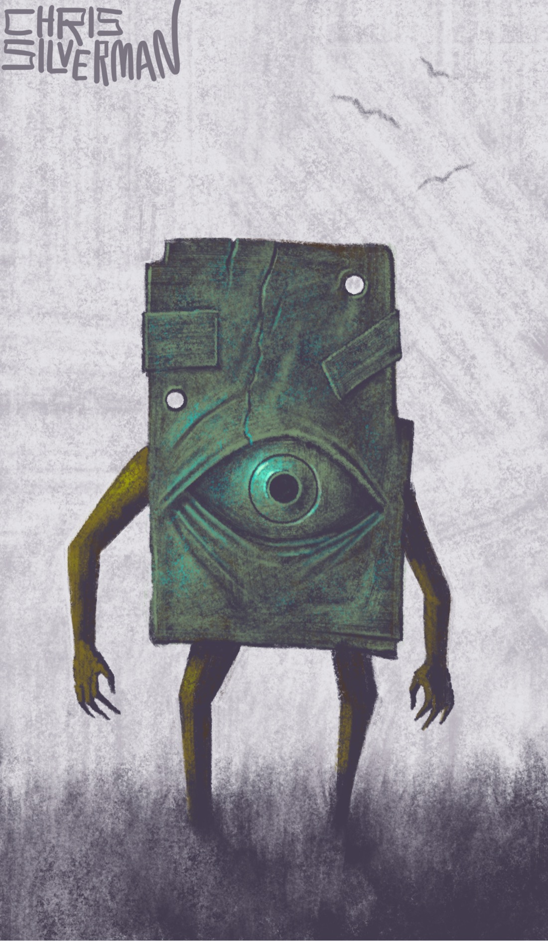 A figure wearing a heavy metal mask walks through a gray field under a gray sky. The mask is tall and rectangular, the dull green of tarnished color, and covers most of the figure's body. It has one eye on the lower part. The upper part is cracked and striated, with a few patches and holes. Above, a few birds circle in the sky. The painting is signed "Chris Silverman".